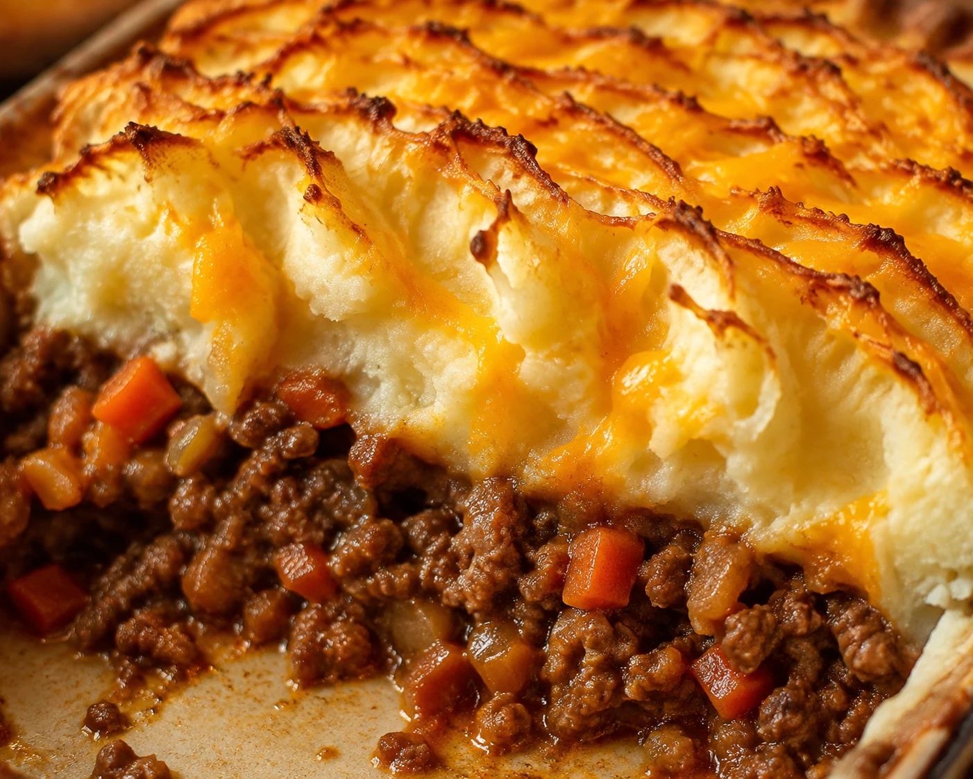 Crisp browned potato ridges and thick savory lamb filling show the finished shepherd's pie texture.