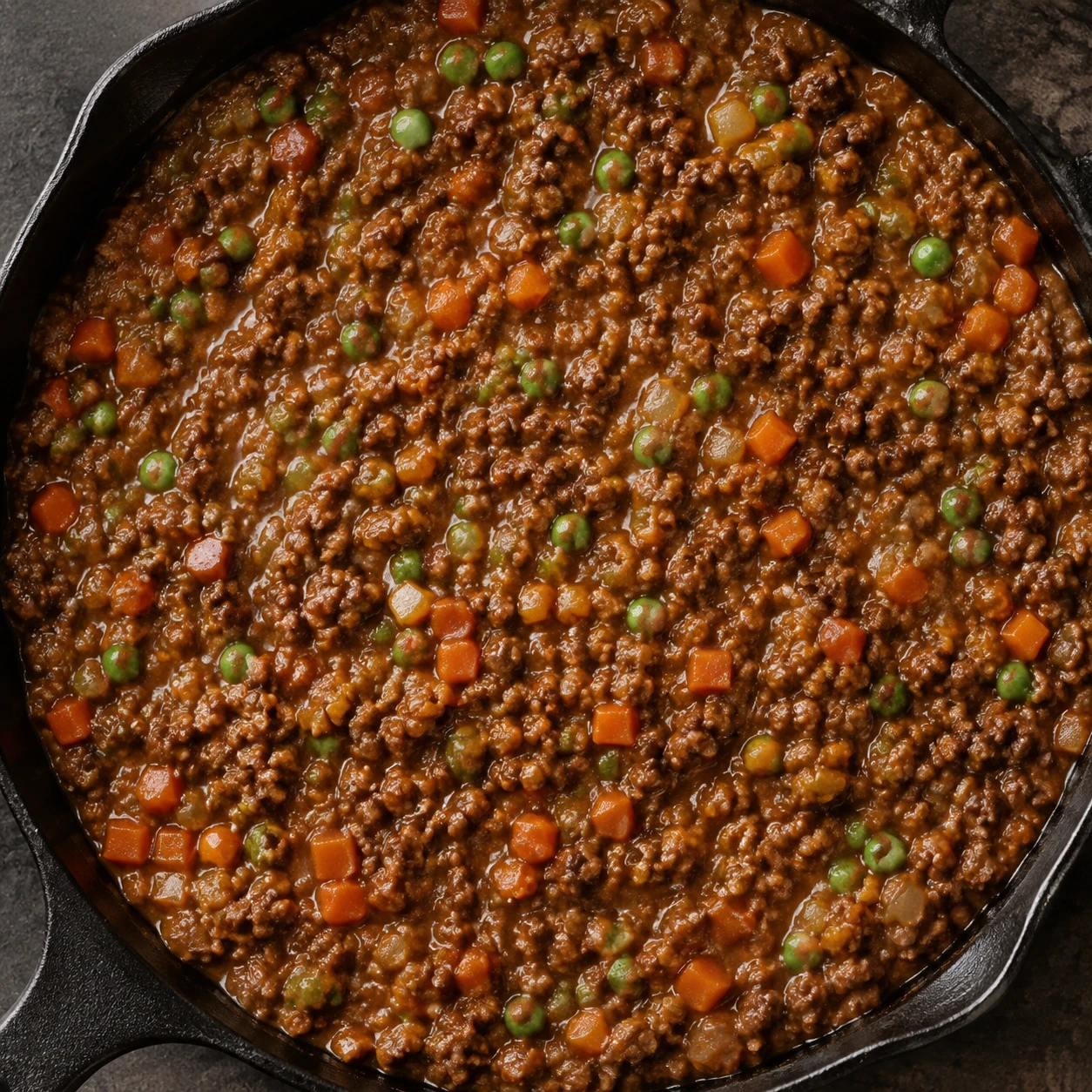 Thick lamb gravy with carrots, onions, and peas fills a skillet before the potato topping is added.