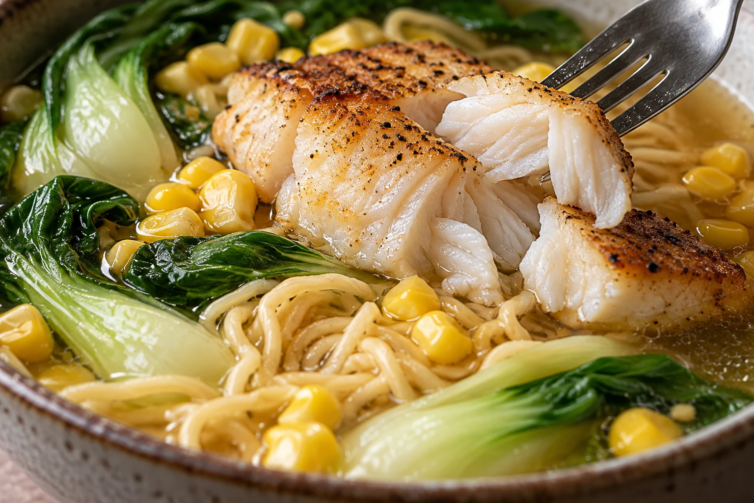 Tender cod flakes rest over ramen with corn and bok choy in clear broth.