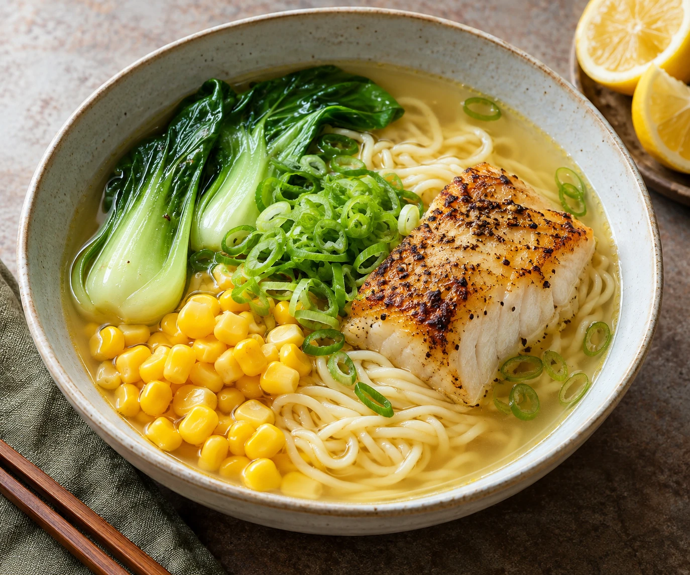 Seared cod ramen with corn, bok choy, scallions, and lemon in clear broth.