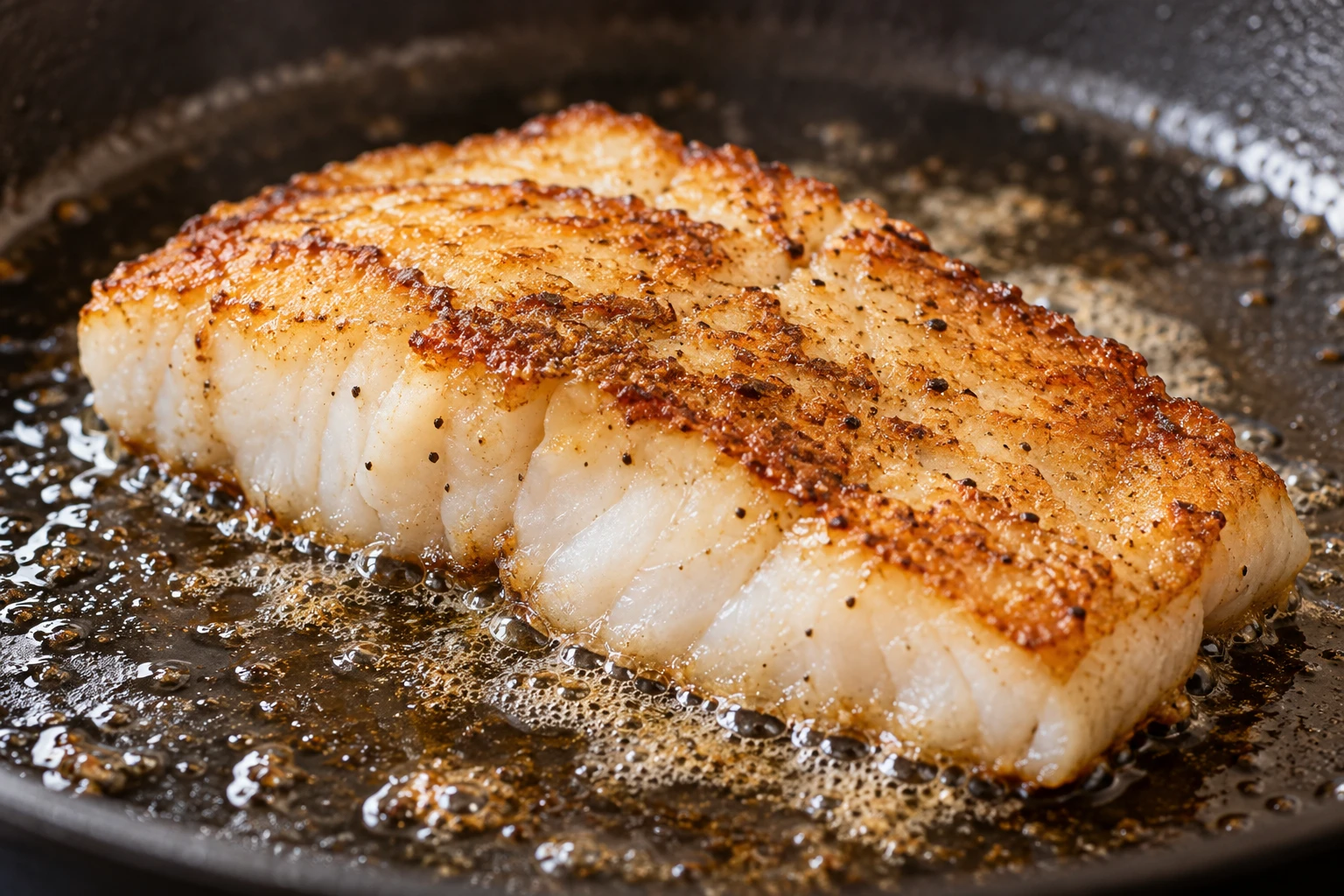 A cod fillet sears in a skillet until its underside develops a golden crust.