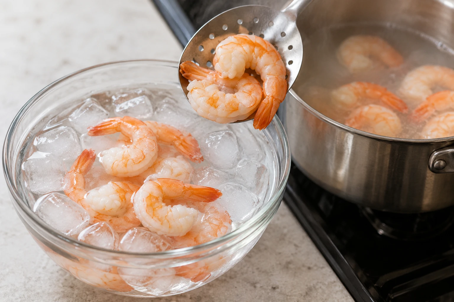 Cooked shrimp cool in an ice bath after a gentle poach to stop carryover cooking.