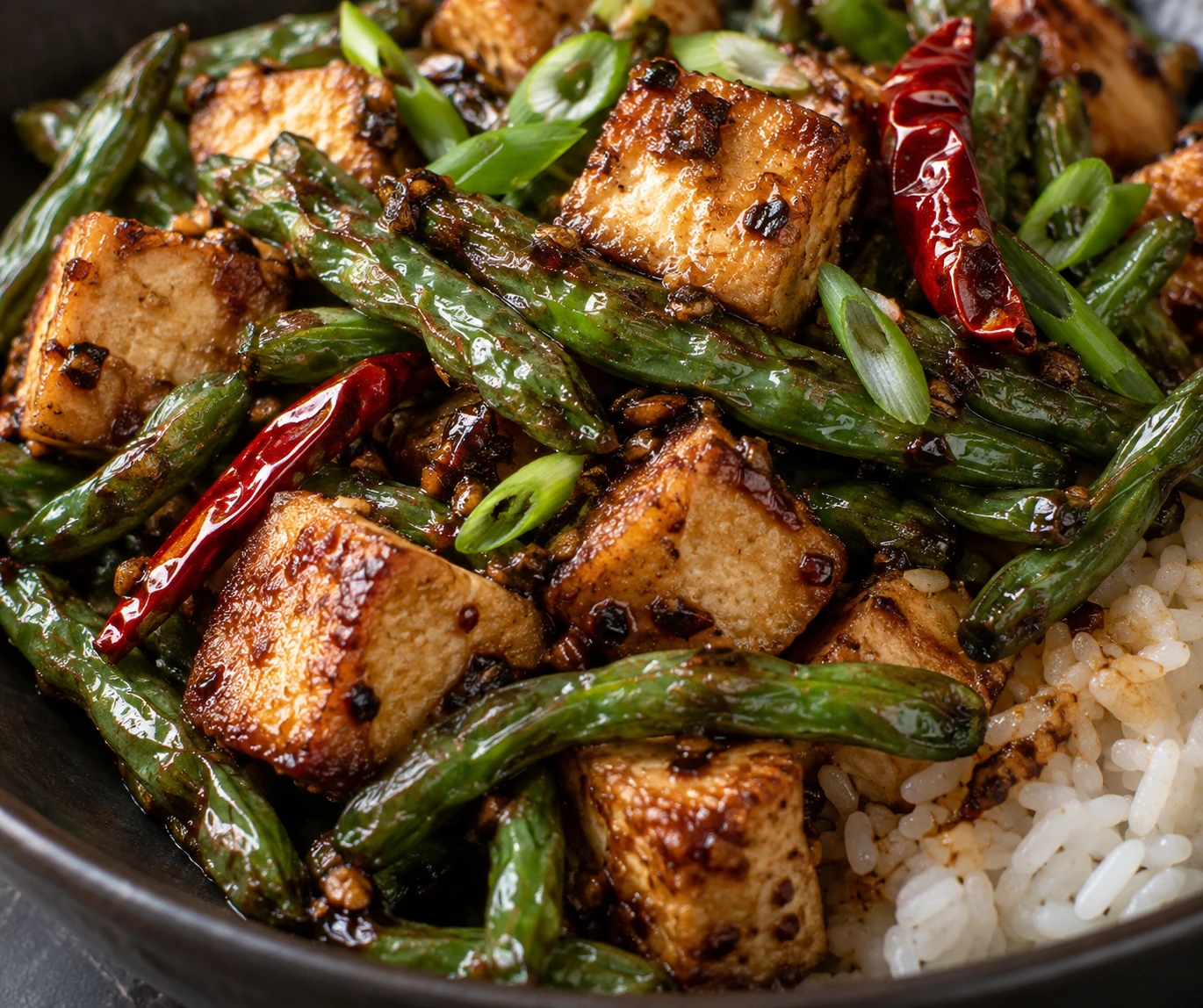 Glossy blistered green beans and crisp craggy tofu are topped with scallions over fluffy rice.