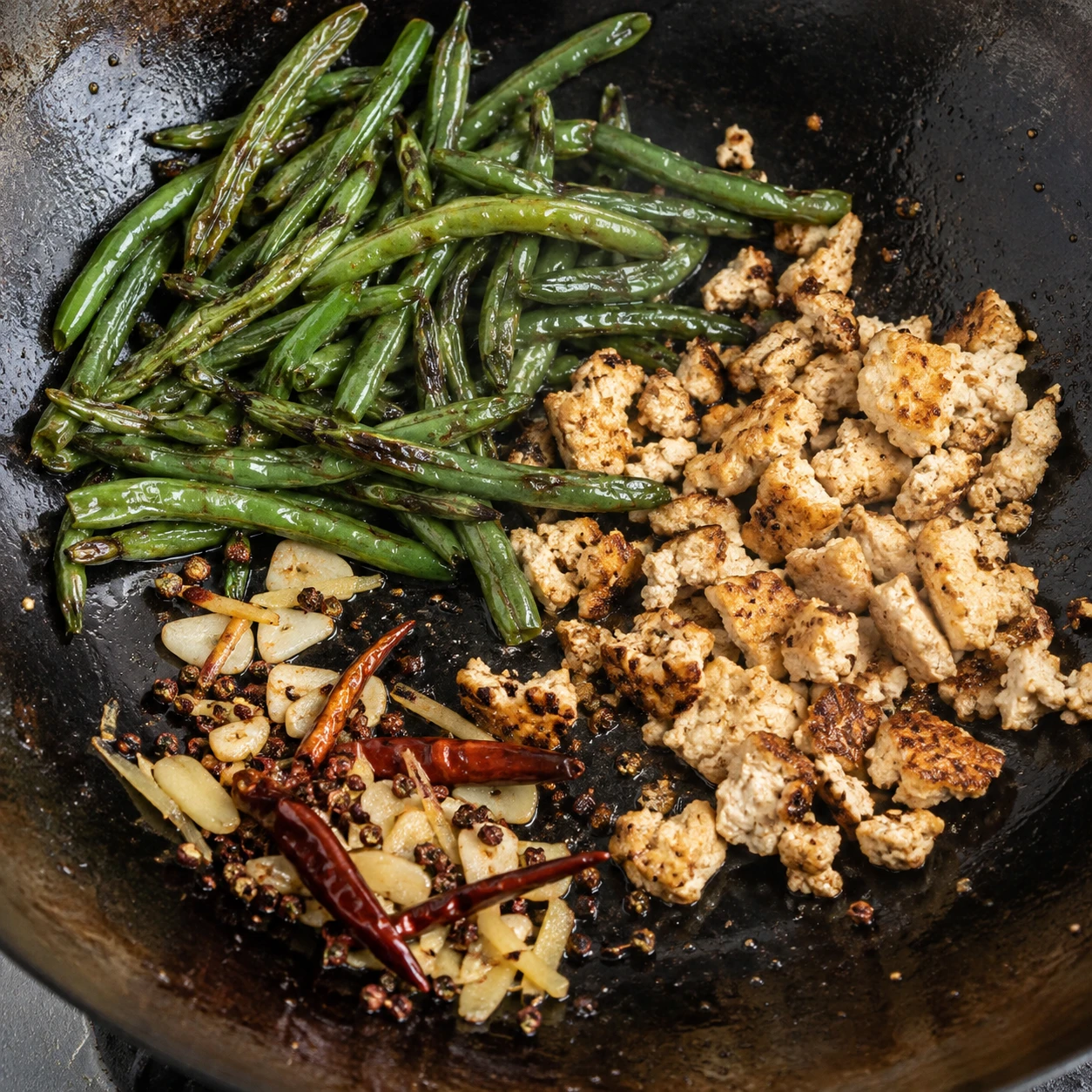 Blistered green beans and craggy browned tofu cook in a hot wok with dried chiles and aromatics.
