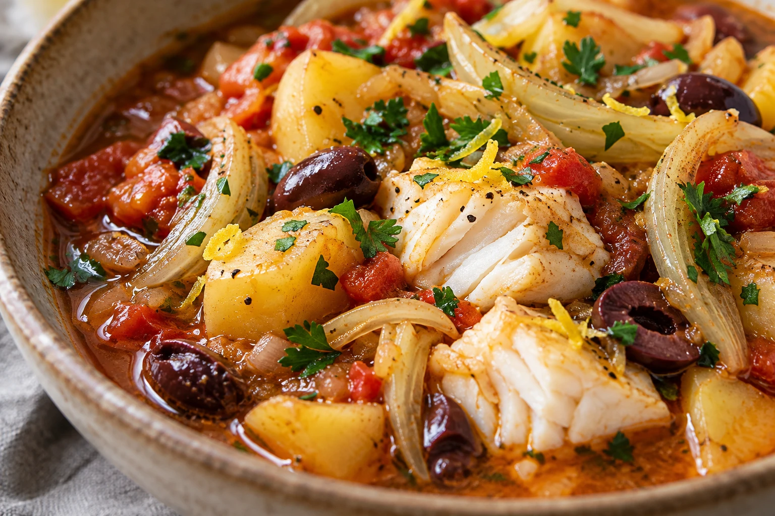 Tender cod flakes and potatoes rest in glossy tomato broth with fennel and parsley.