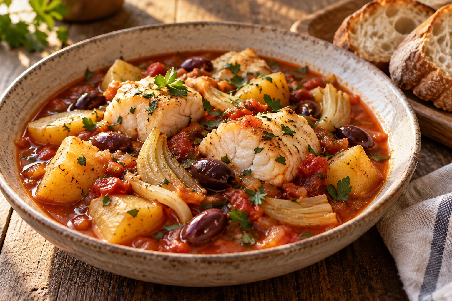 Cod, potatoes, fennel, olives, and parsley fill a shallow bowl of tomato broth beside crusty bread.