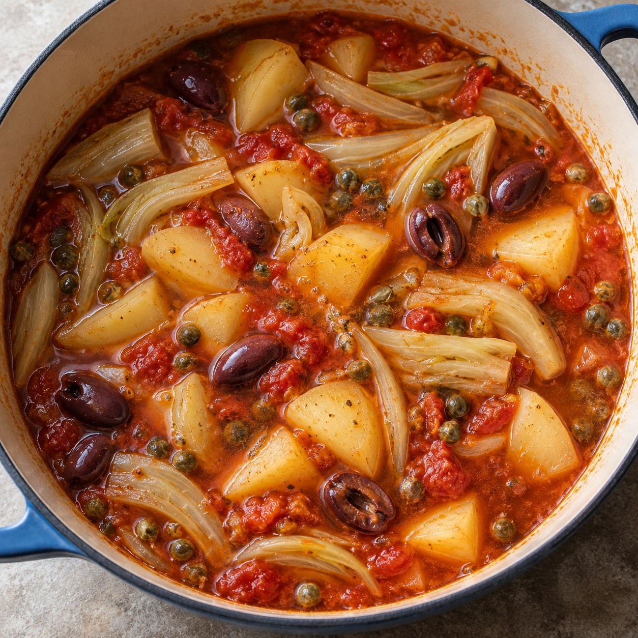 Potatoes, fennel, olives, and capers simmer in tomato broth inside a Dutch oven.