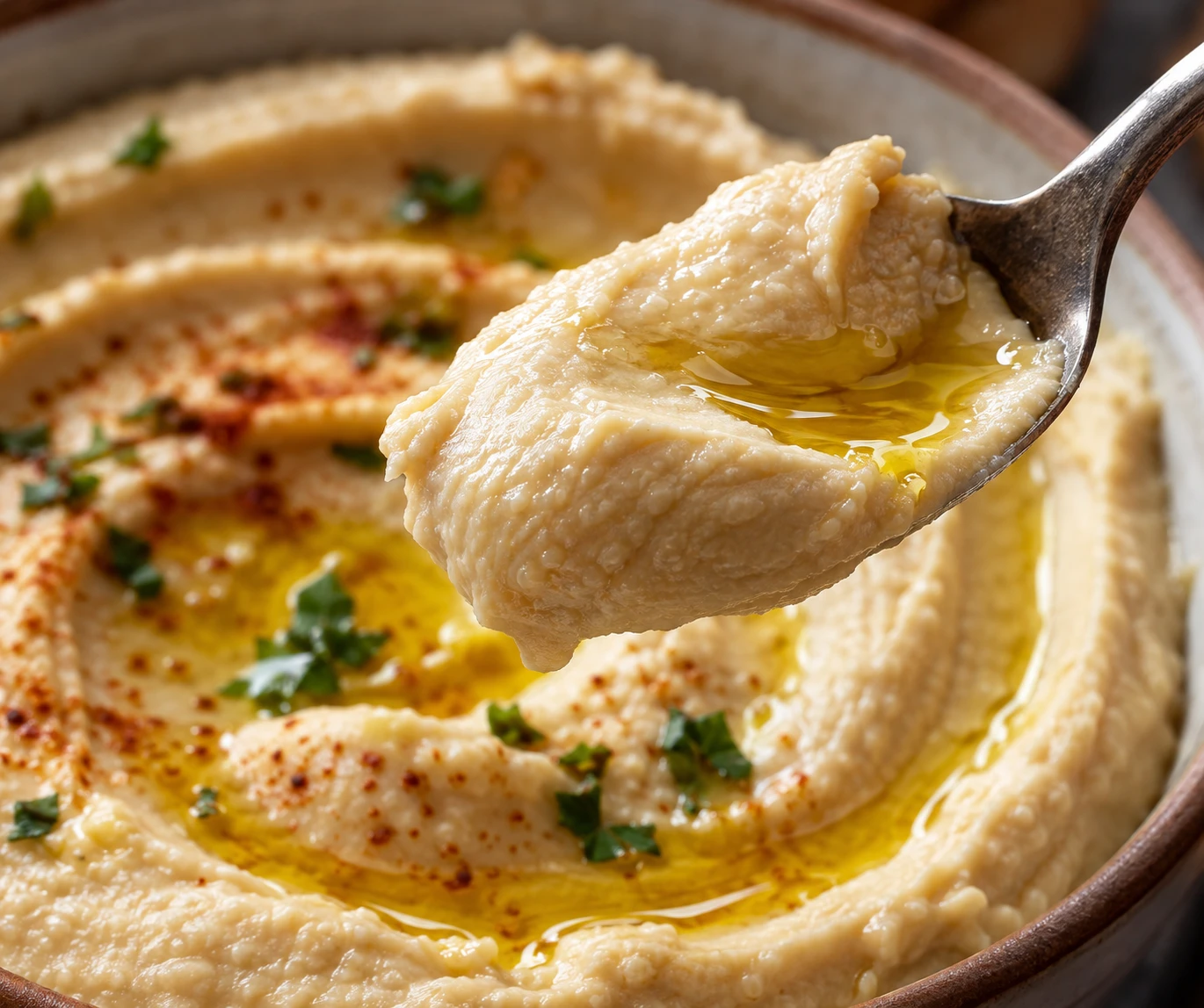 A close spoonful of pale silky hummus shows its glossy olive-oil finish and smooth texture.
