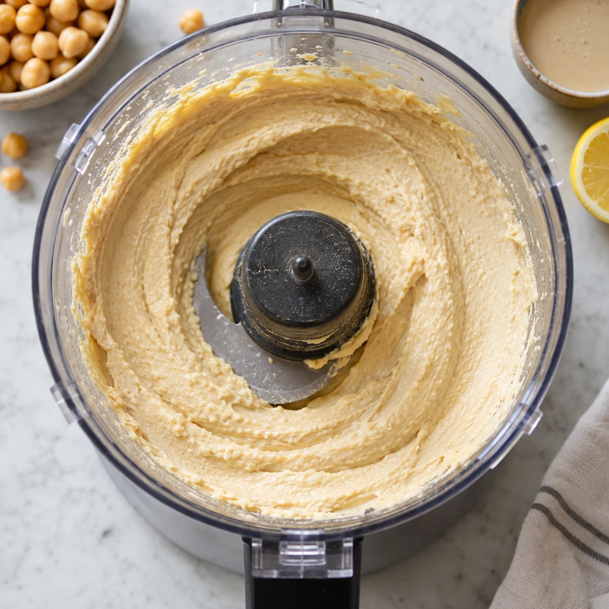 Pale chickpea and tahini hummus is being blended in a food processor for a silky texture.