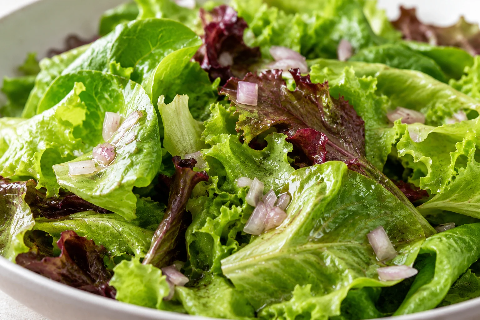 Intact tender leaves carry a light sheen of vinaigrette and fine shallot.