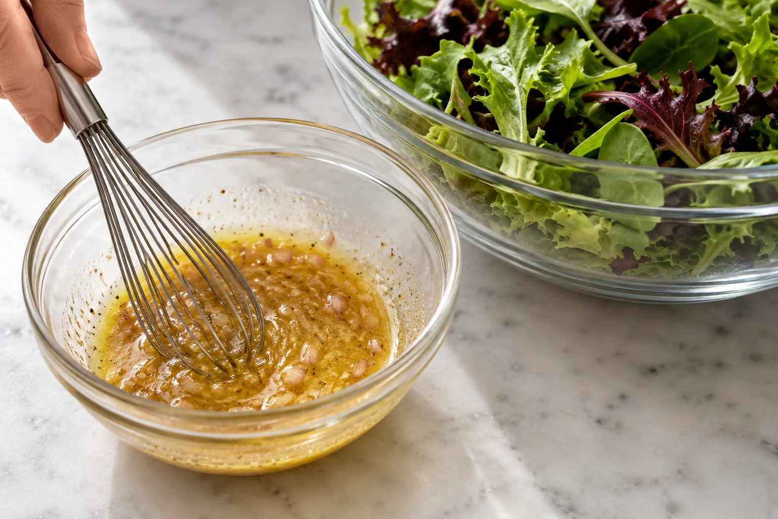 Shallot-Dijon vinaigrette is whisked beside a bowl of dry mixed greens.