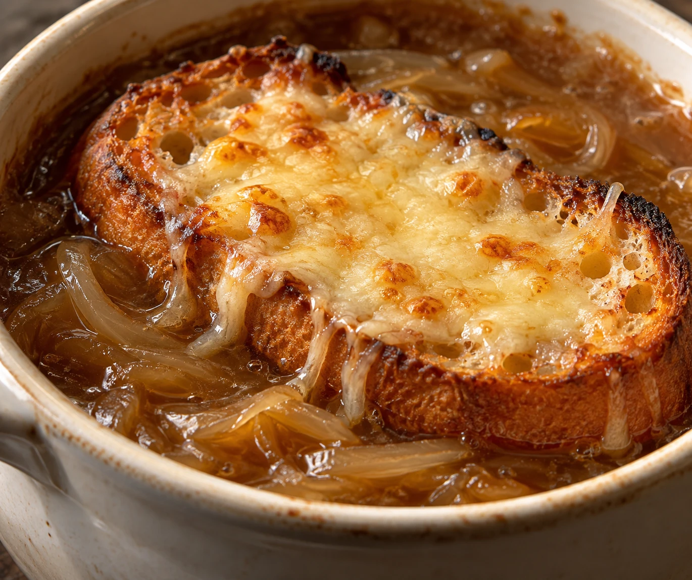 Bubbling Gruyère melts over a crisp baguette toast above strands of amber-brown onions.