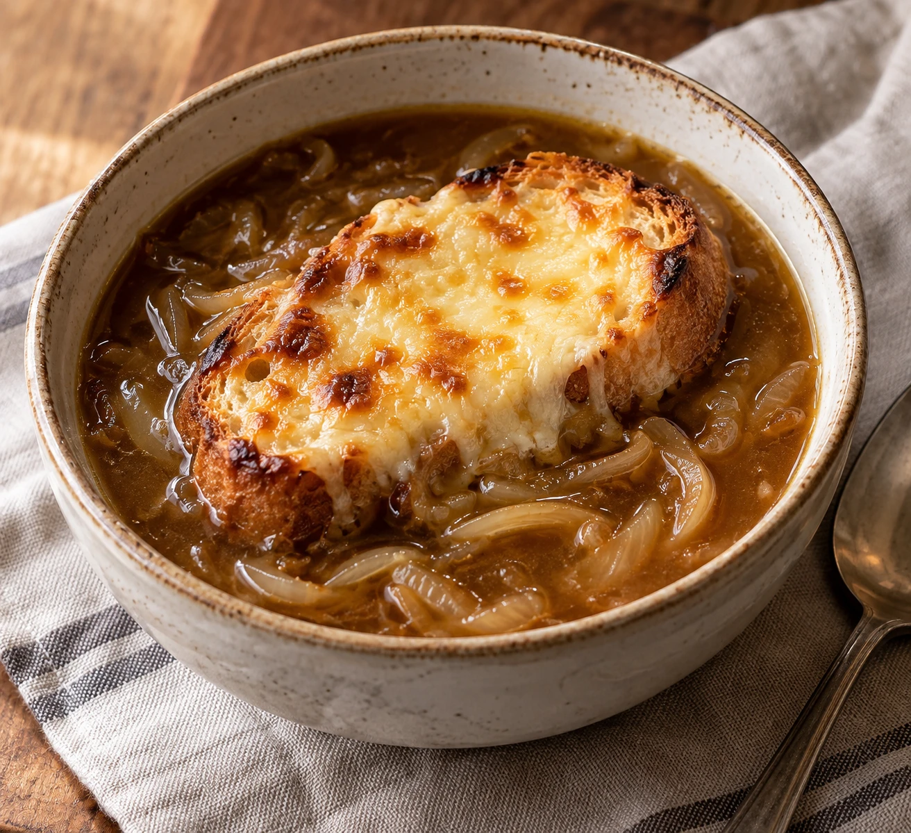 Amber onion soup holds a bubbling Gruyère baguette toast with glossy caramelized onions visible in the broth.