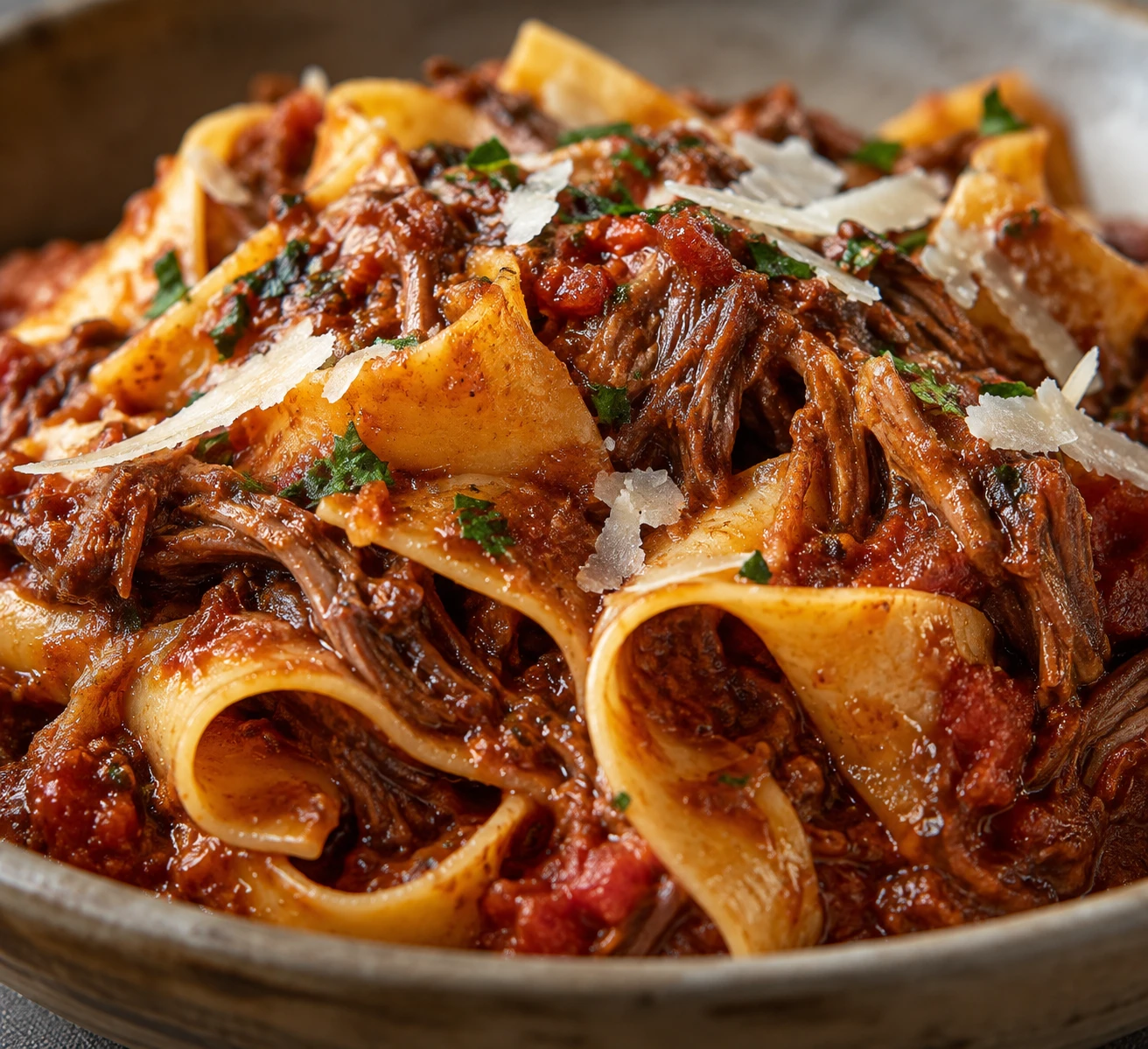 Glossy tomato ragu and tender strands of lamb cling closely to the ruffled edge of a pappardelle ribbon.