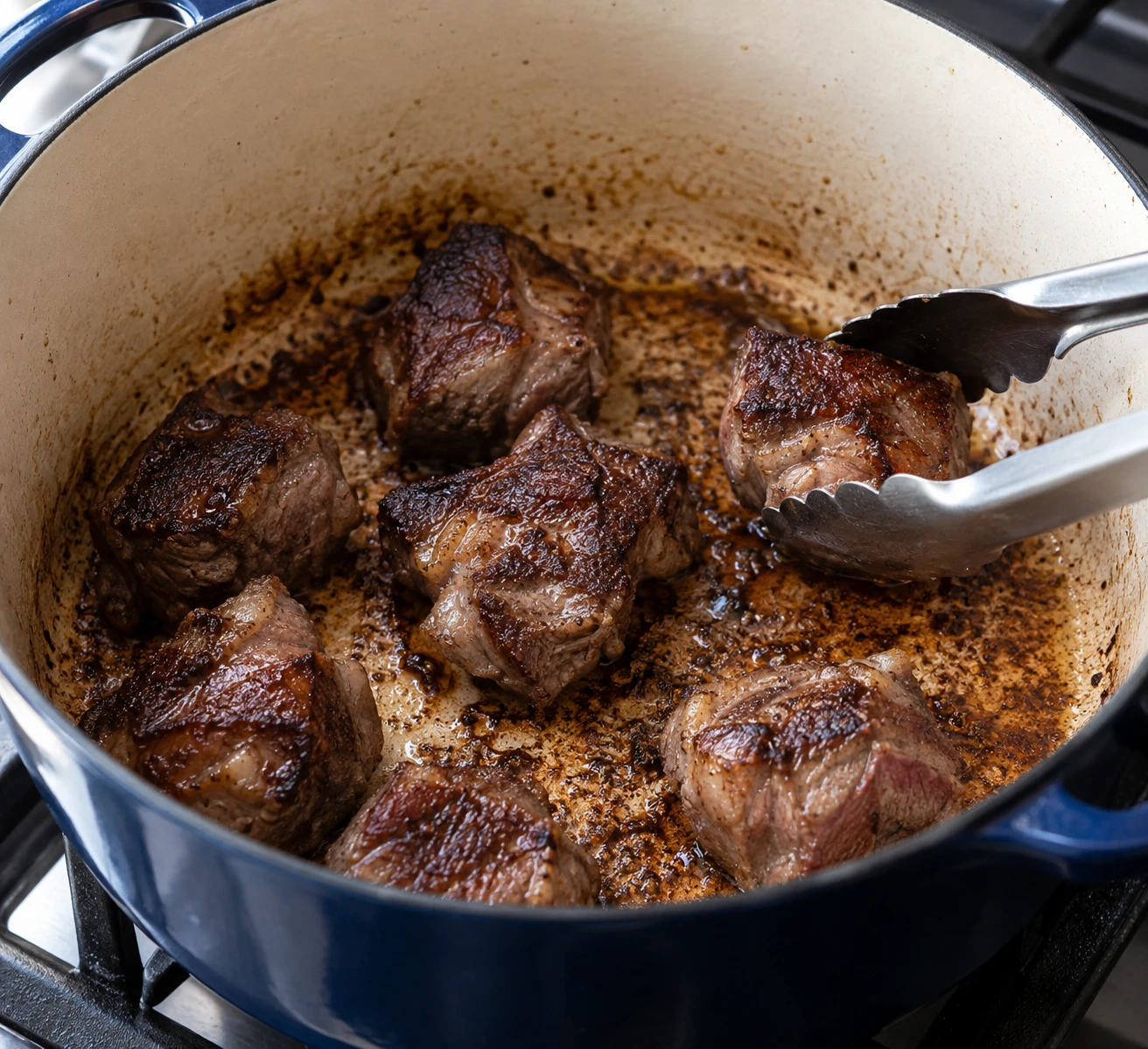 Deeply browned lamb shoulder pieces sit in a Dutch oven with caramelized fond visible beneath them.