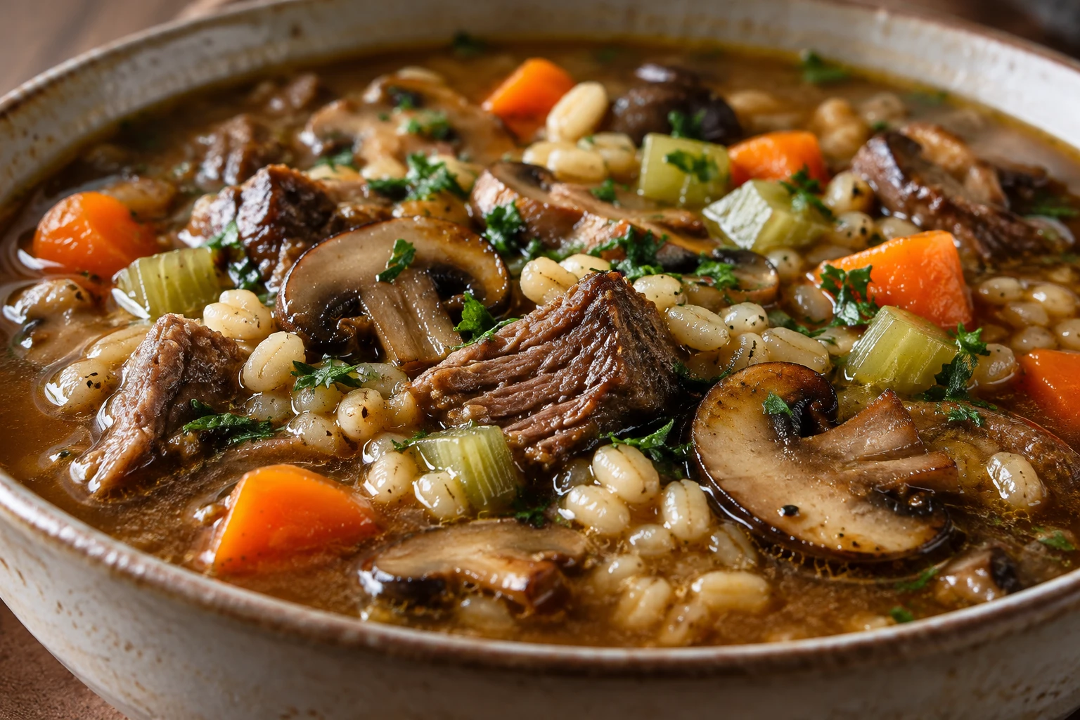 Fork-tender beef, browned mushrooms, and distinct pearl barley grains fill the finished soup.
