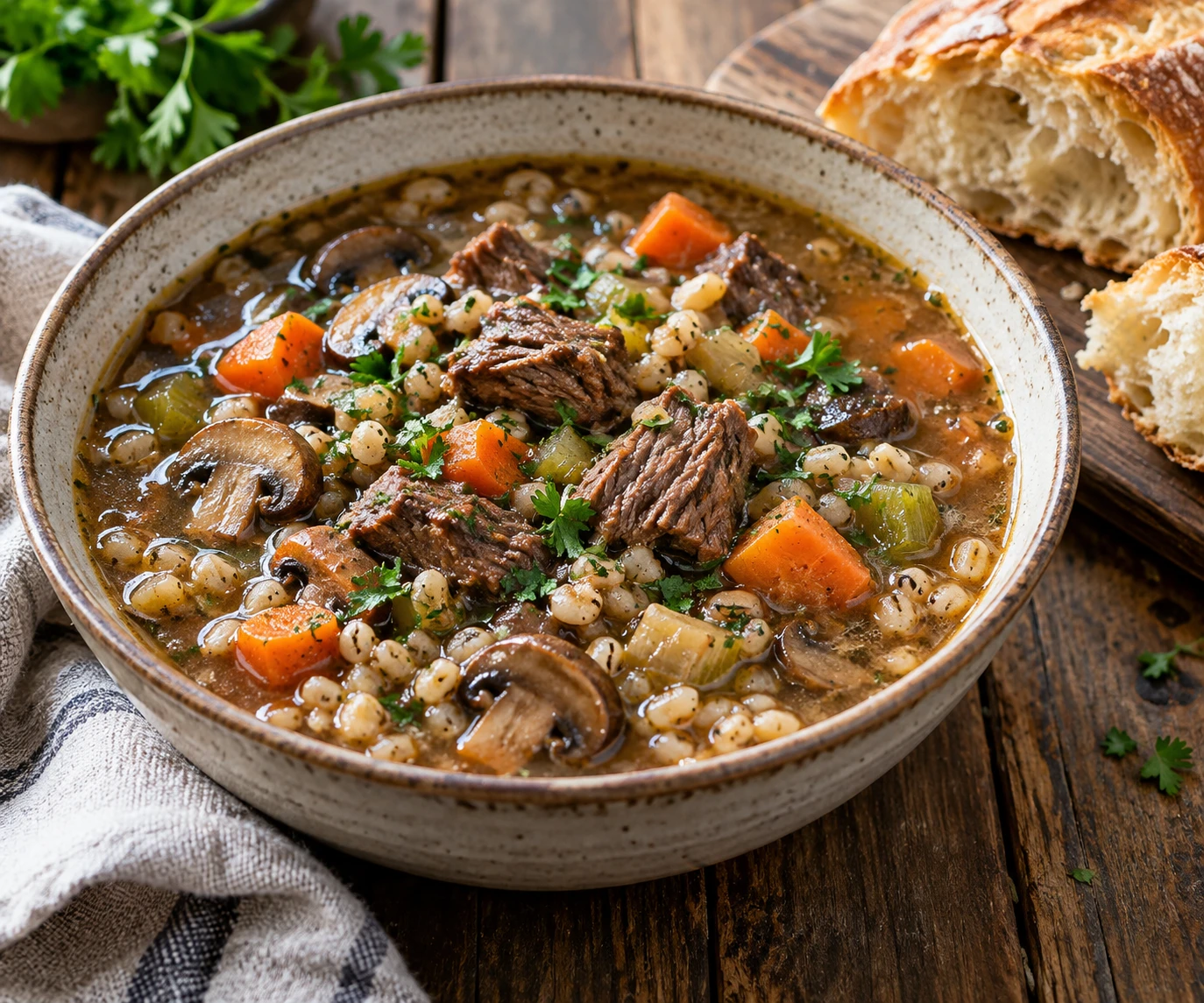 A rustic bowl of beef and mushroom soup shows pearl barley, carrots, parsley, and crusty bread.