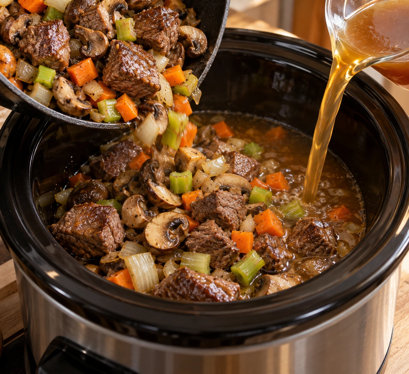 Browned beef and cremini mushrooms are added to a slow cooker with vegetables and broth.