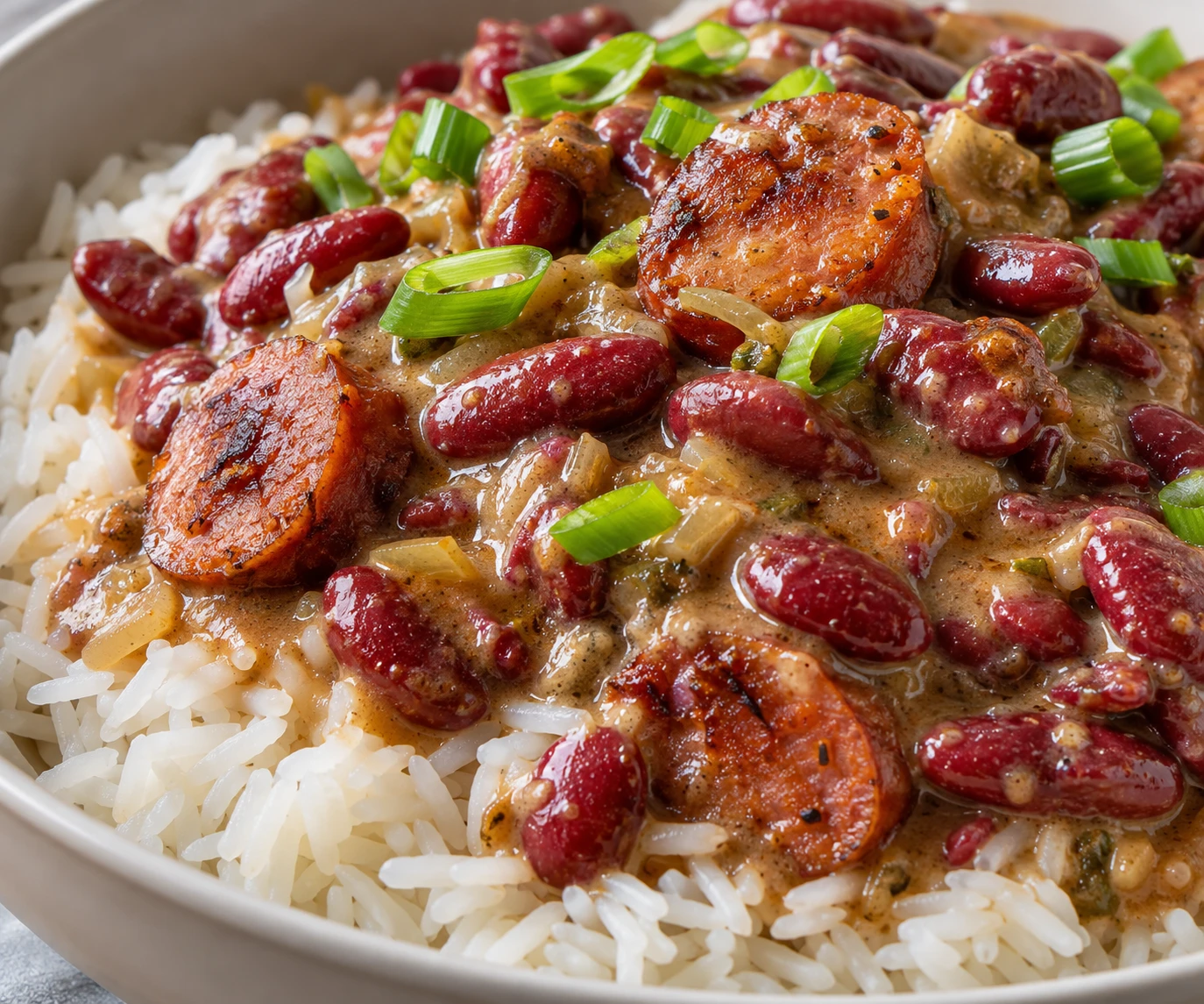 Tender whole red beans and browned sausage sit in creamy broth over fluffy rice with scallions.
