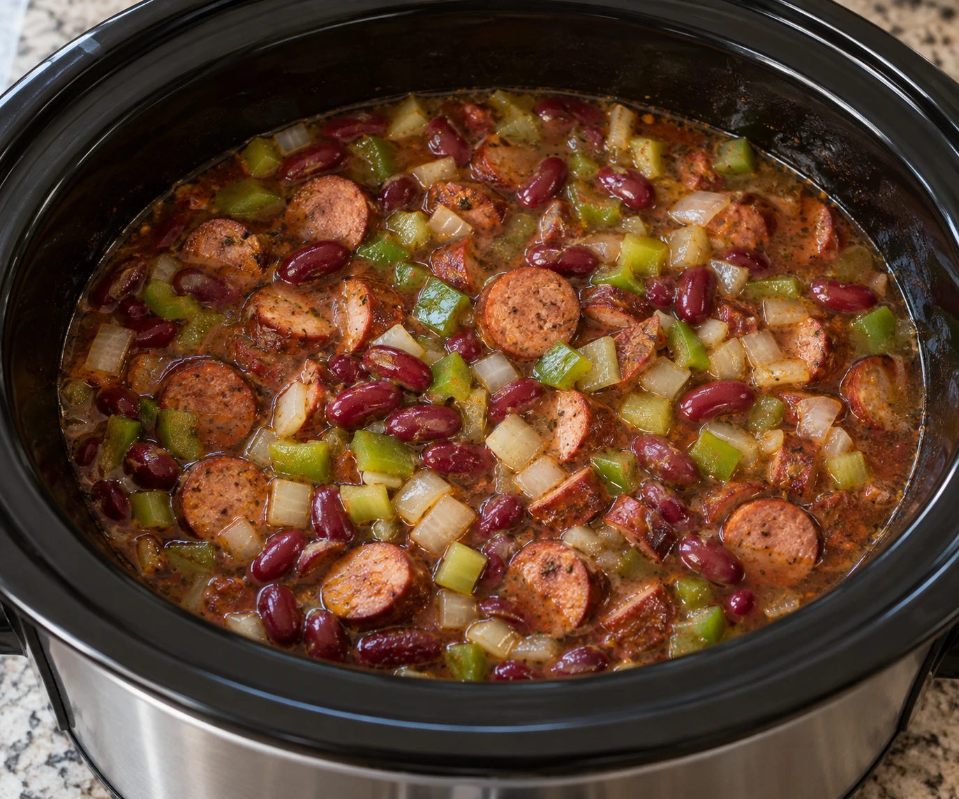 Browned andouille, diced Cajun vegetables, and whole red beans sit in broth inside a slow cooker.
