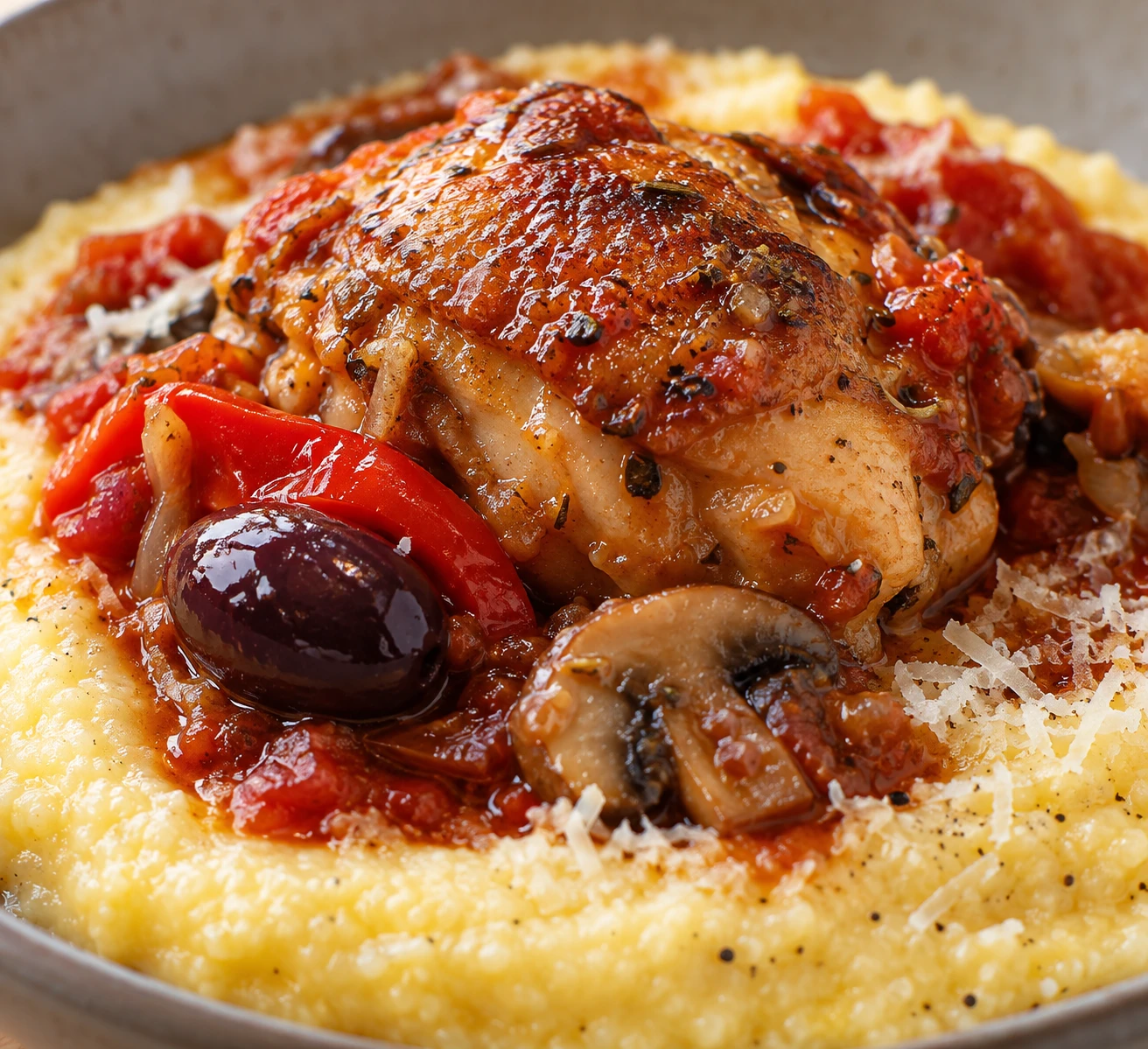 Fork-tender chicken with glossy tomato sauce, Kalamata olive, mushroom, and creamy polenta.