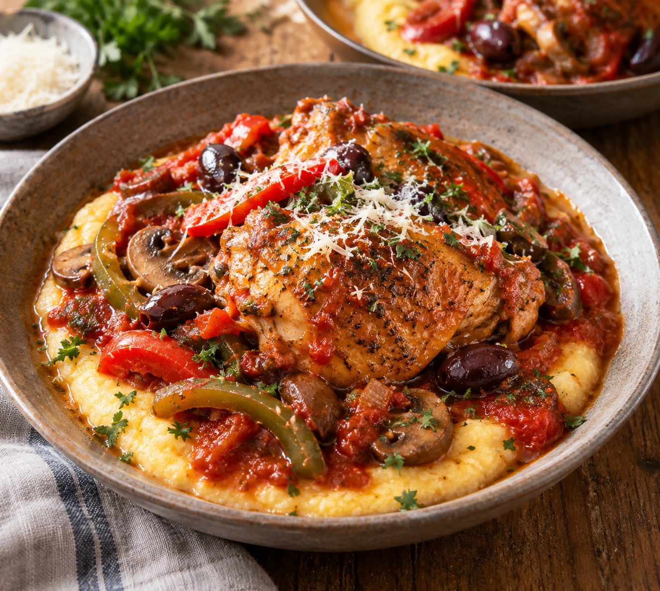 Tender chicken thighs in tomato, pepper, mushroom, and olive sauce over creamy polenta.