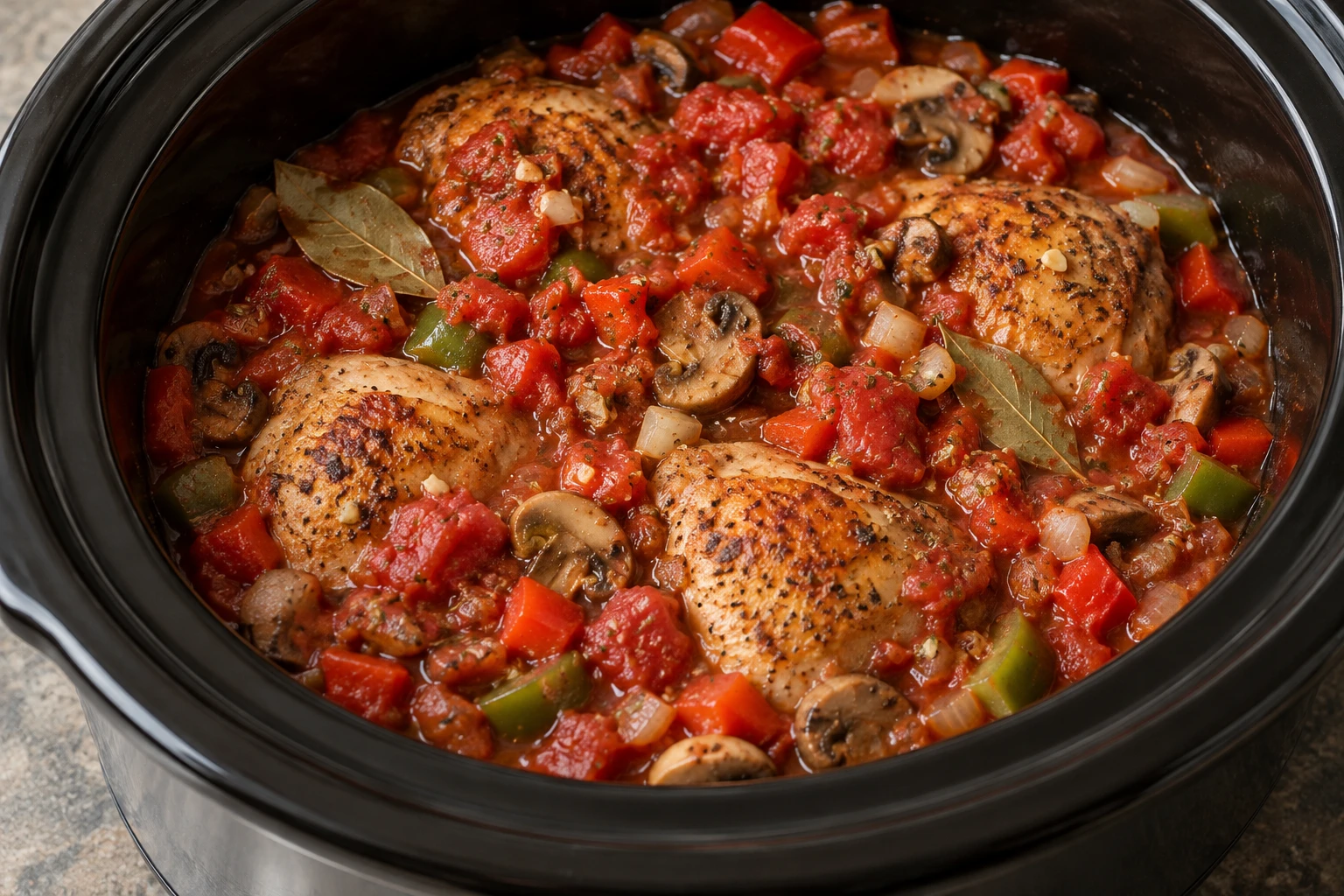 Browned chicken thighs rest beneath tomato sauce with peppers and mushrooms in a slow cooker.