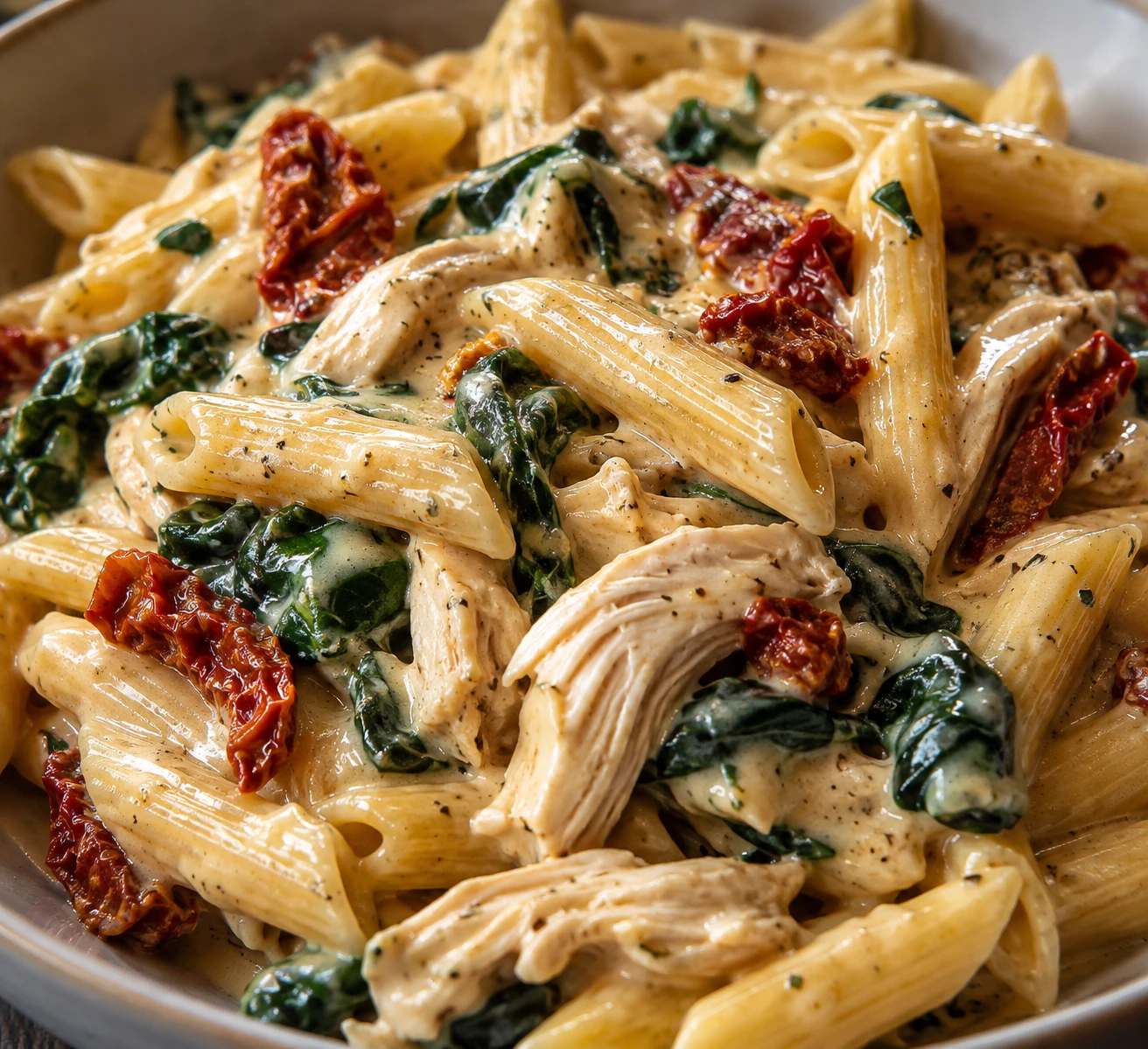 Glossy creamy sauce coats short pasta with spinach, shredded chicken, and sun-dried tomatoes.