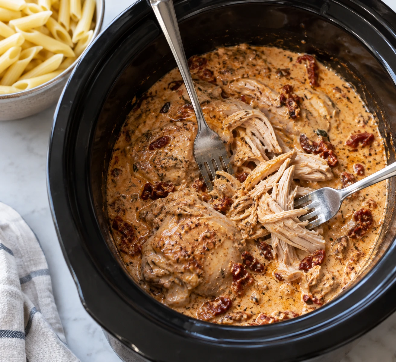 Shredded tender chicken is folded into creamy sun-dried tomato sauce in a slow cooker.