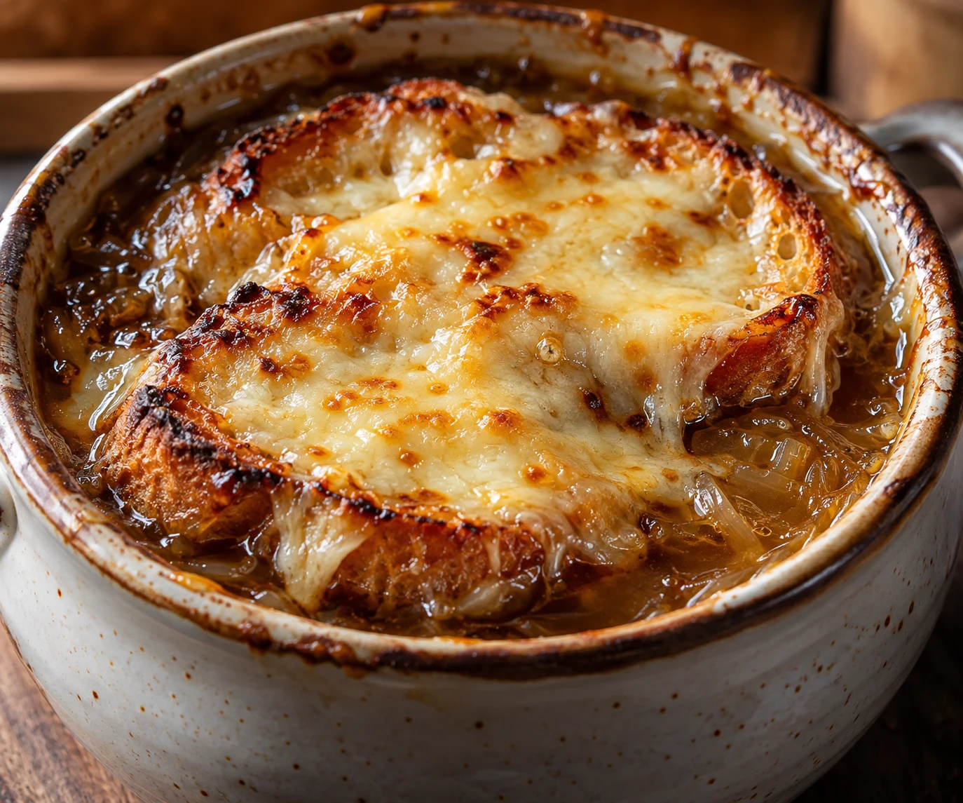 Crisp baguette and browned Gruyère form a bubbling cap over amber onion broth.