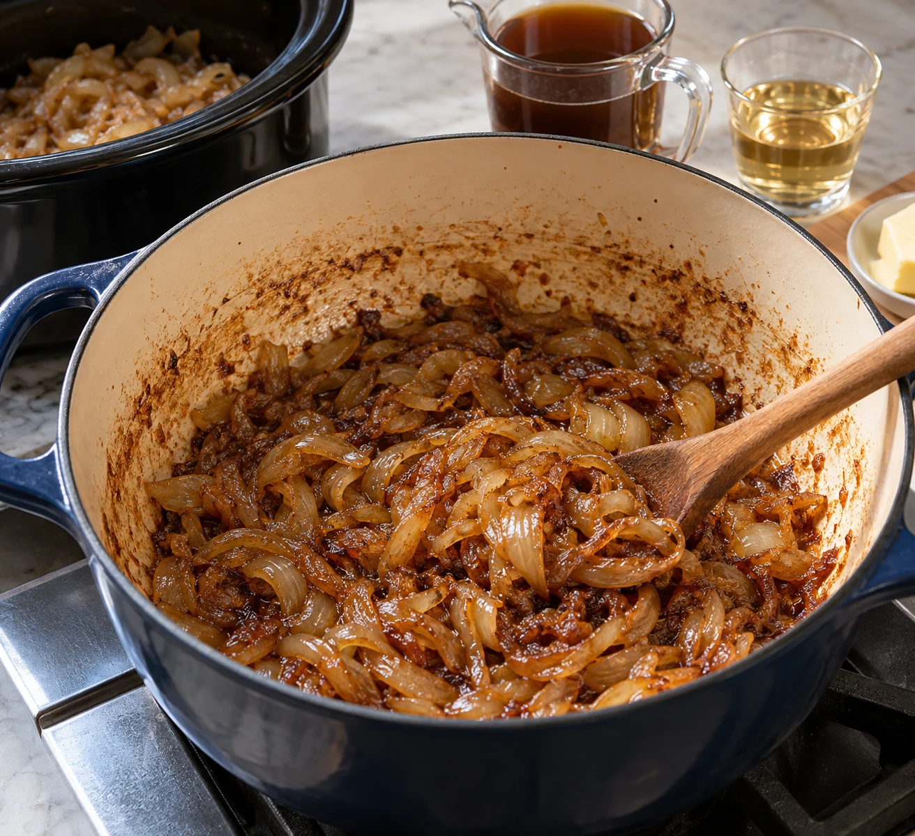 Softened onions are stirred in a Dutch oven to deepen their color before the stock is added.