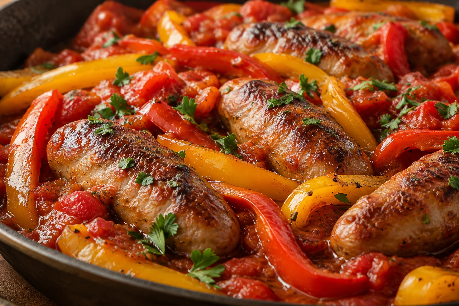 Tender browned sausage and distinct softened pepper strips glisten in tomato-herb sauce with parsley.