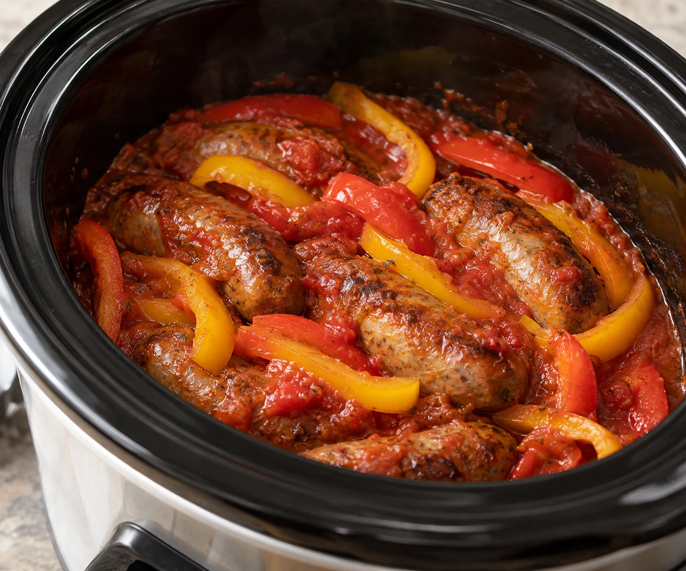 Broad red and yellow pepper strips are folded into tomato sauce around browned sausage in a slow cooker.