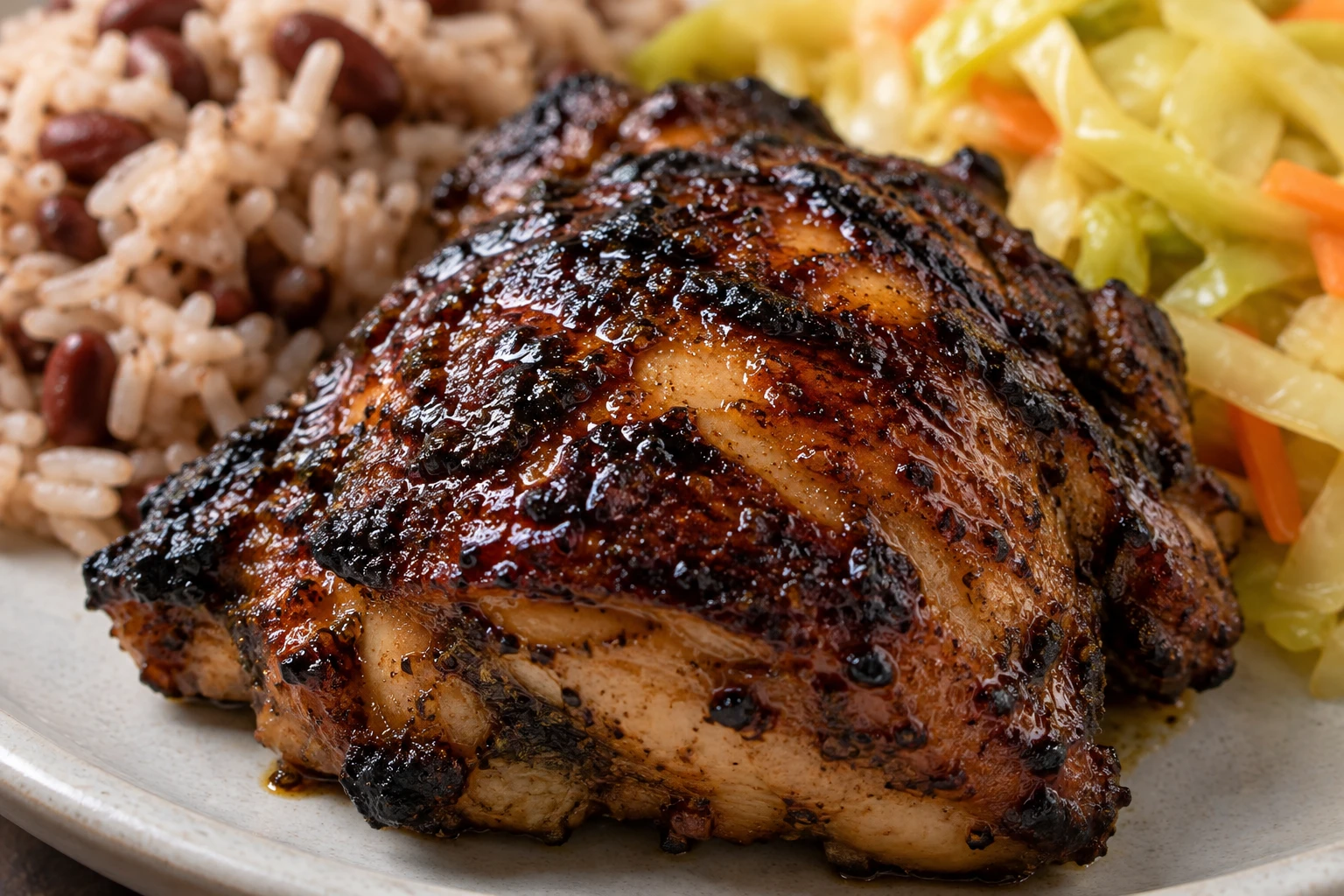 A browned jerk chicken thigh glistens with reduced sauce beside softly blurred rice and cabbage.