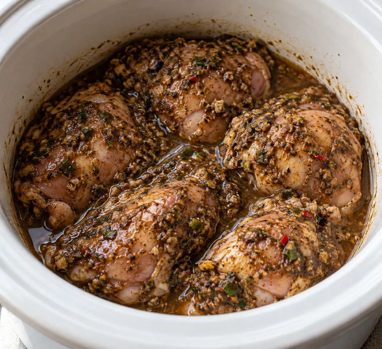 Jerk-paste-coated chicken thighs are arranged in a slow cooker before the covered cook.