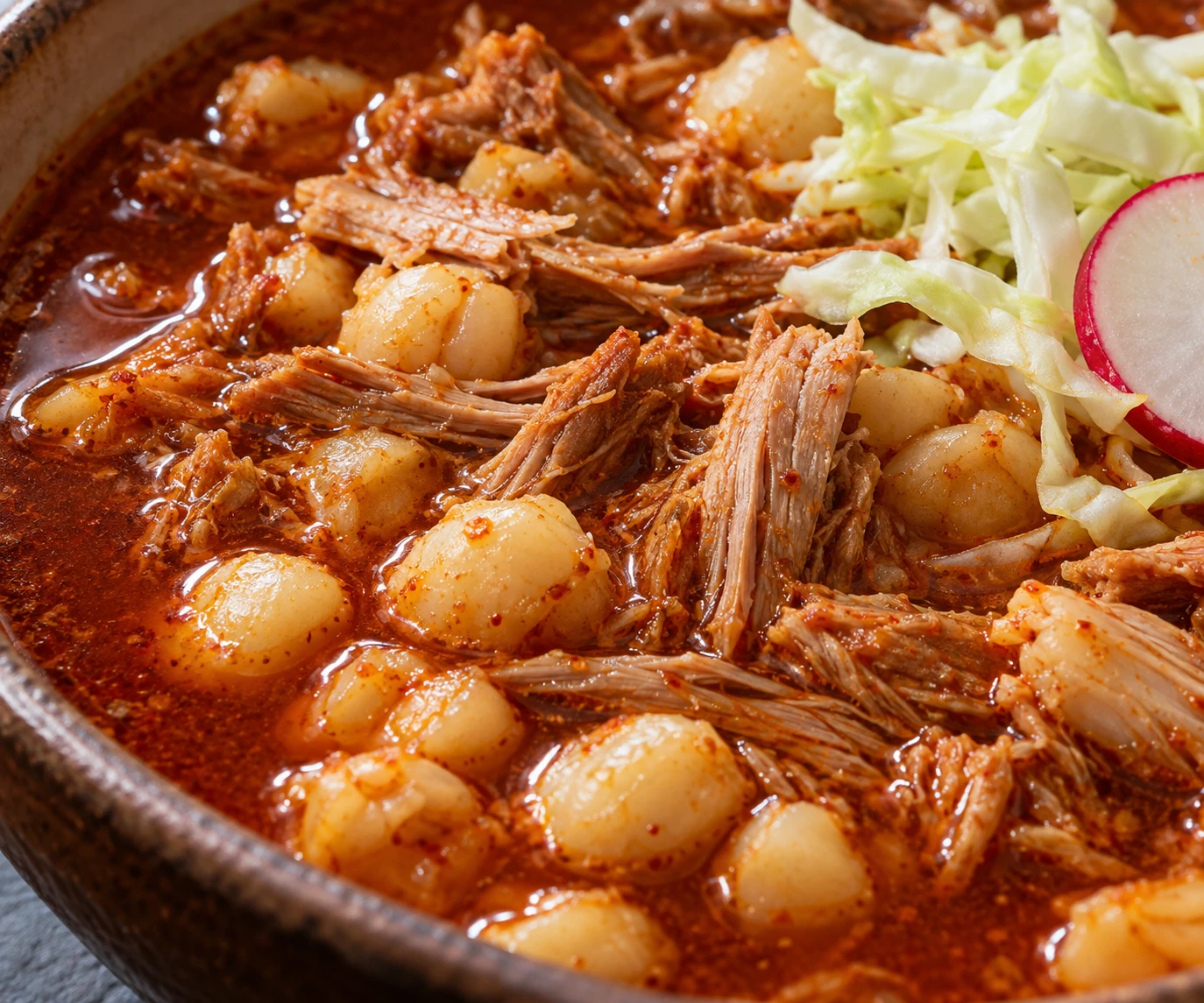 Tender pork strands and intact hominy kernels show through the brick-red pozole broth.
