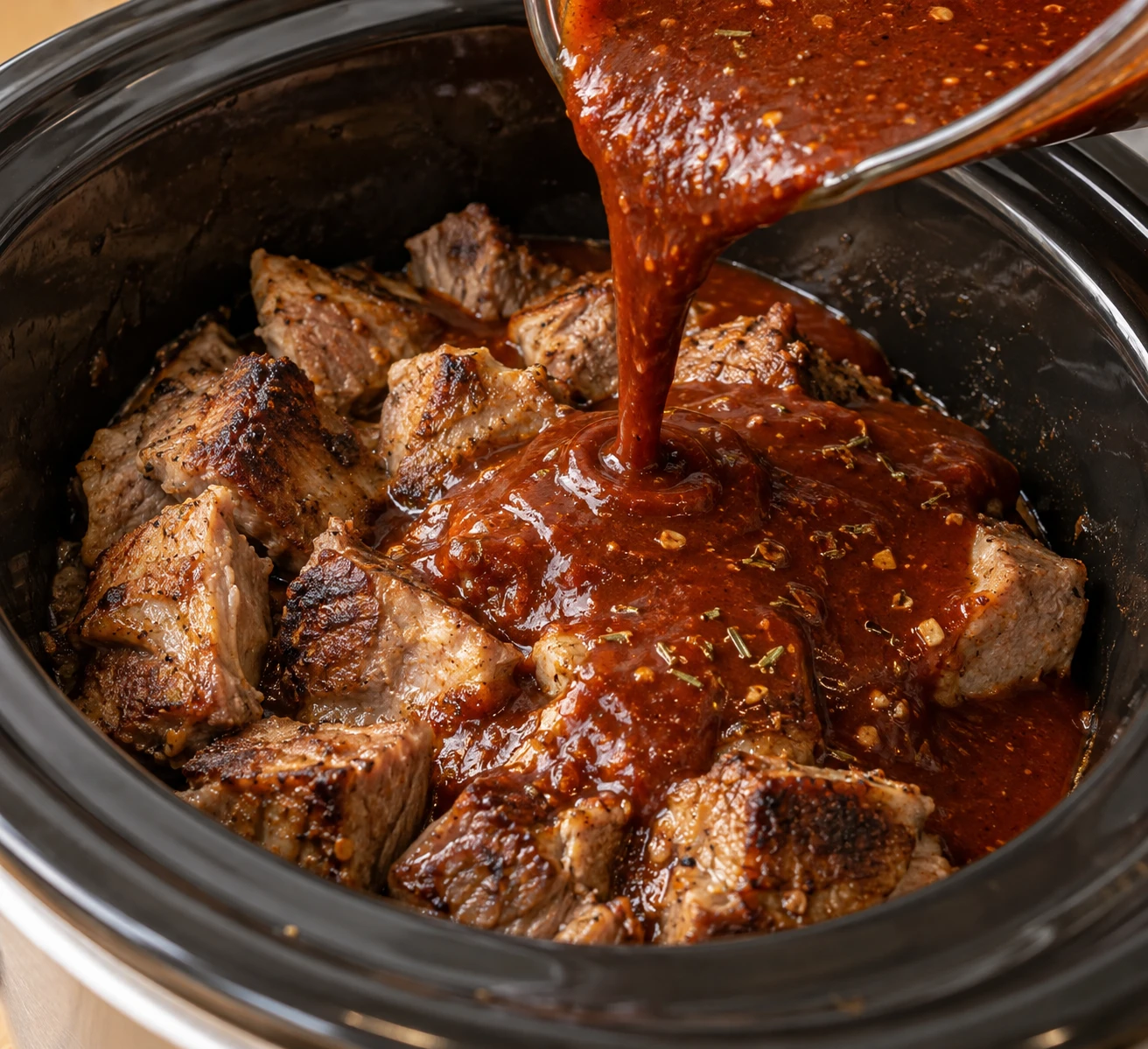 Browned pork shoulder sits in a slow cooker beneath smooth red guajillo and ancho chile sauce.