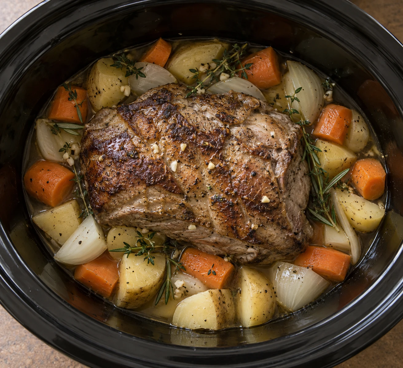 A browned pork shoulder rests over onions, carrots, and potatoes in a slow cooker before cooking.