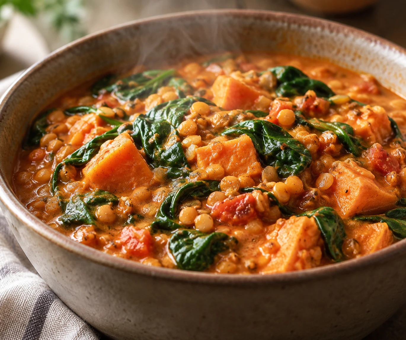 Creamy red lentil curry shows tender sweet potato cubes and vivid wilted spinach in tomato-coconut sauce.