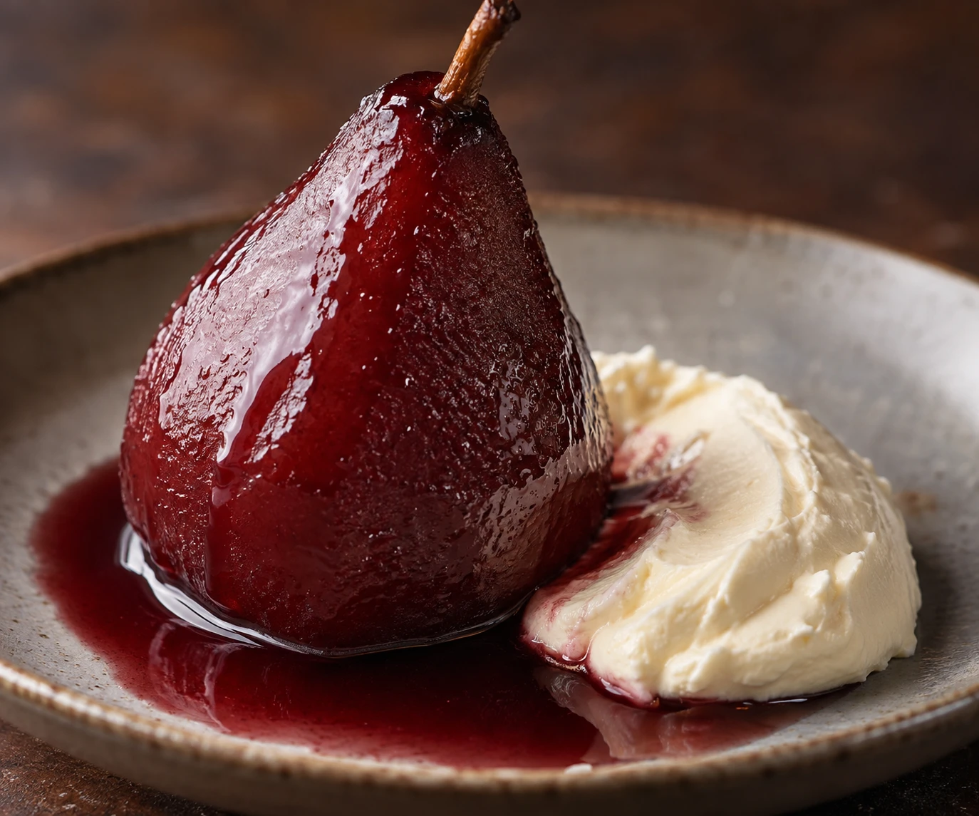 Glossy wine syrup coats the intact pear beside creamy mascarpone on a dessert plate.