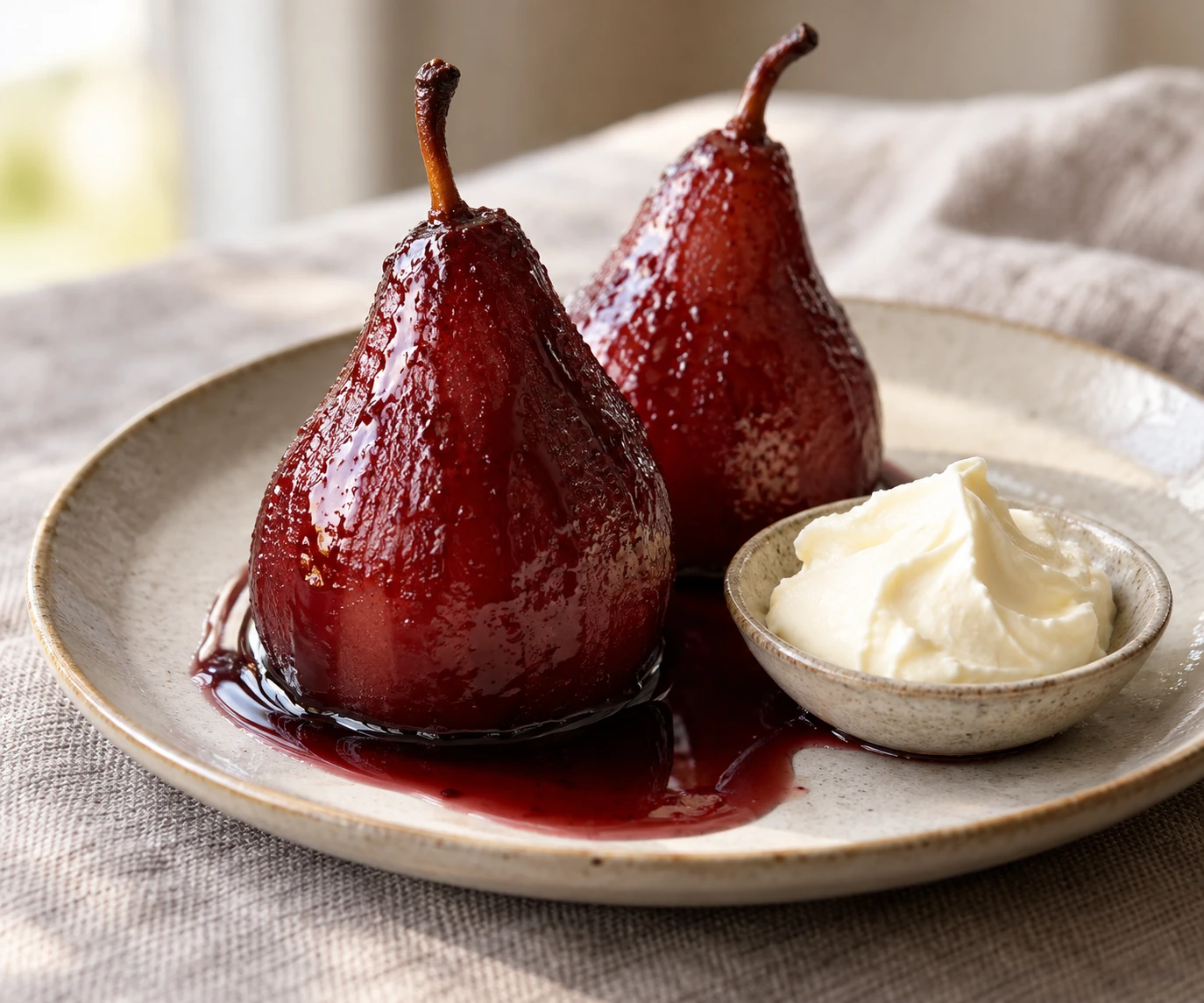Whole red-wine poached pears glisten with spiced syrup beside a spoonful of mascarpone.