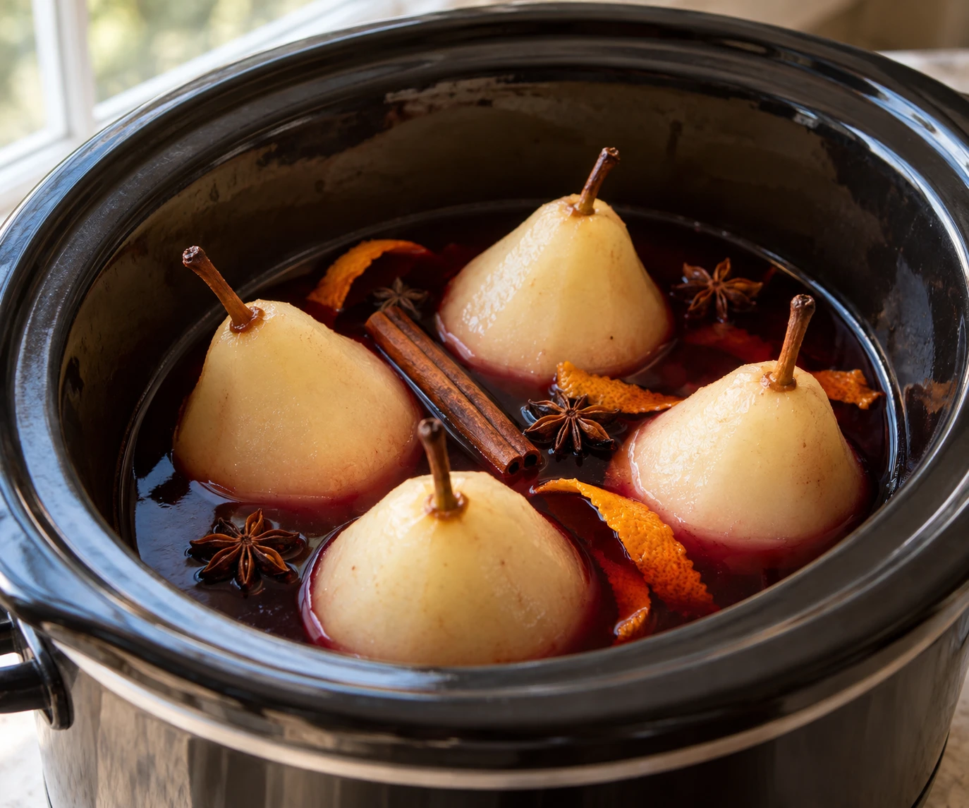 Peeled Bosc pears sit in red wine with orange peel, cinnamon, and star anise in a slow cooker.