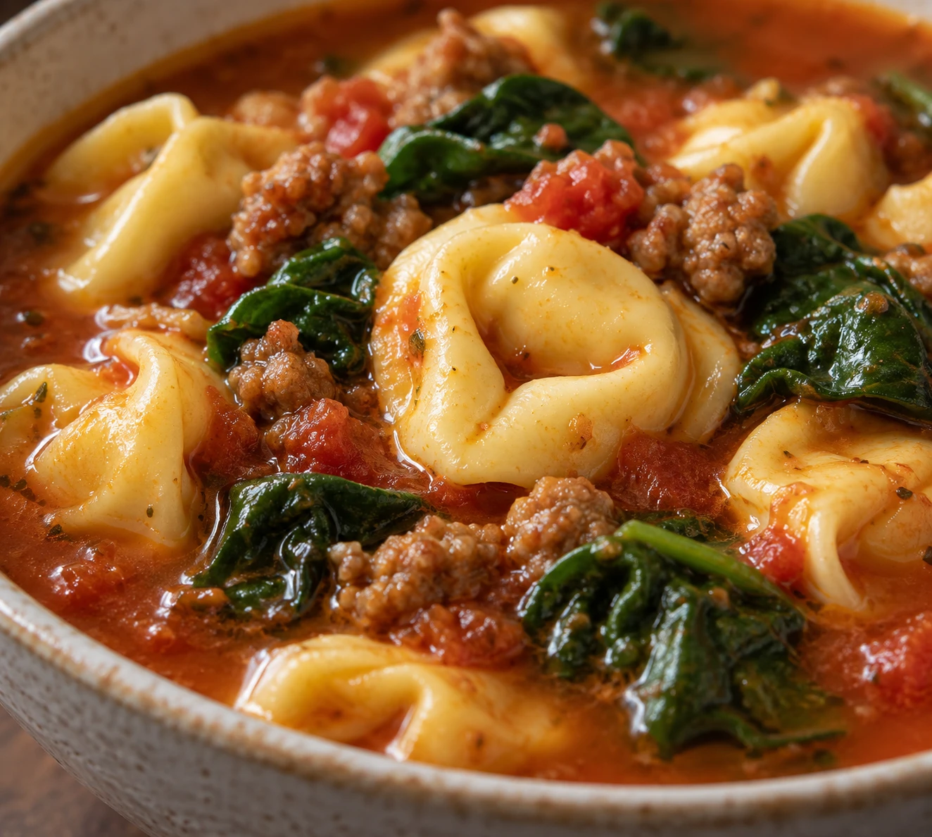 A cheese tortellini rests in tomato broth beside sausage crumbles and wilted spinach.