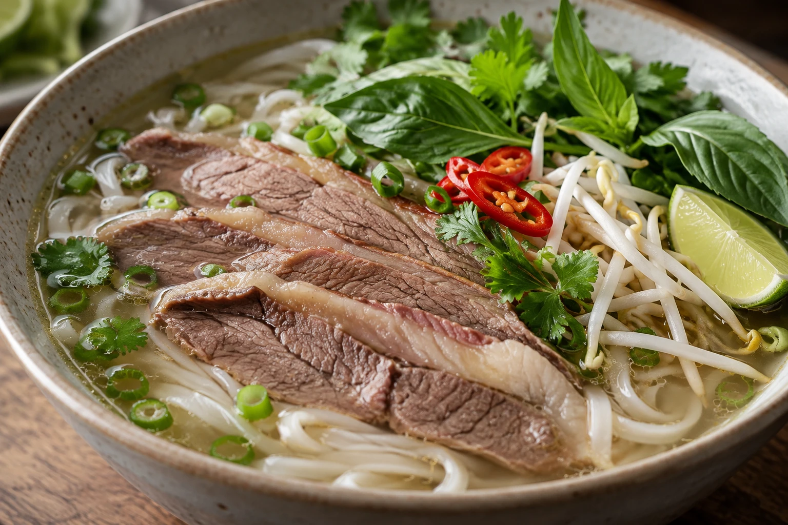 Tender brisket and flat rice noodles are topped with herbs and sprouts in steaming clear broth.