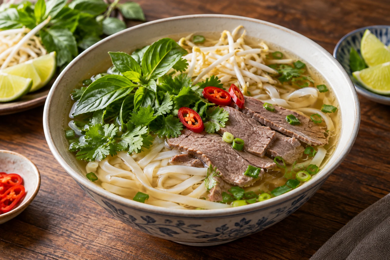 A bowl of beef pho holds thin brisket and rice noodles in clear broth with herbs, sprouts, lime, and chile.