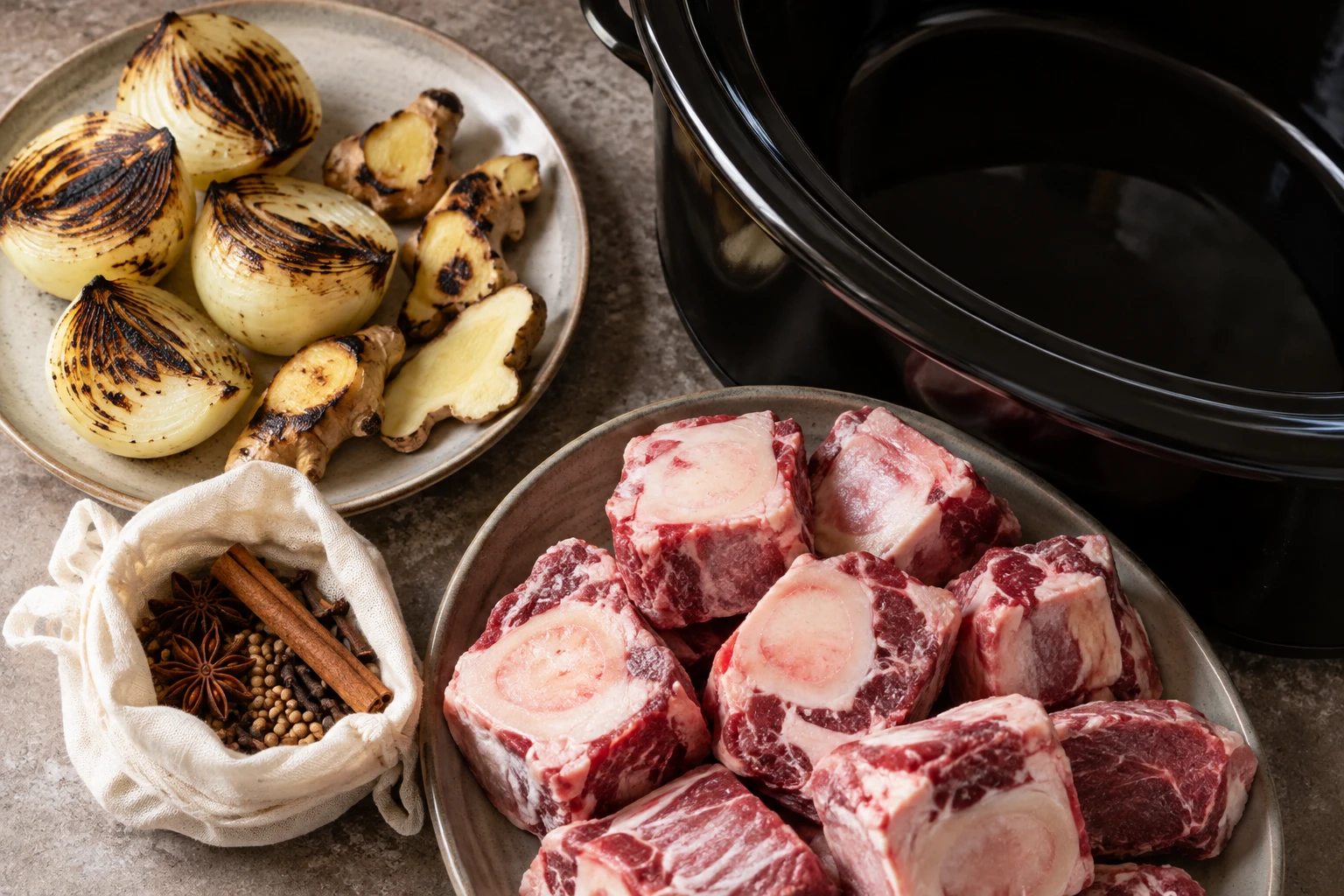 Charred onion and ginger sit beside beef bones and a bundle of toasted spices before slow cooking.