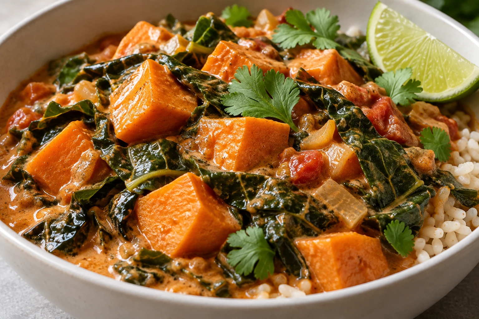 Glossy peanut broth clings to tender sweet potato cubes and collard ribbons over rice.