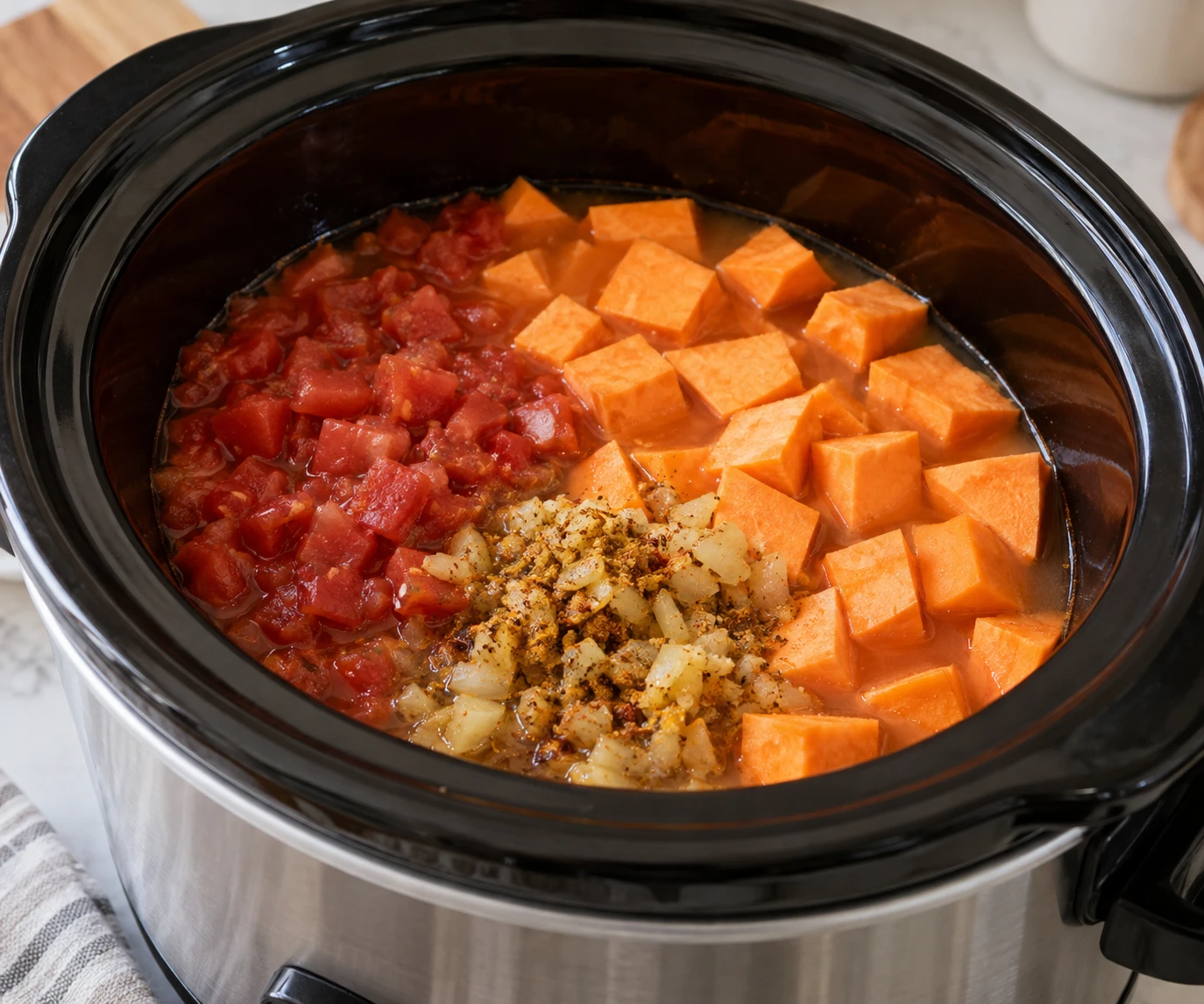 Sweet potato cubes, tomatoes, broth, and softened aromatics sit together in a slow cooker before cooking.