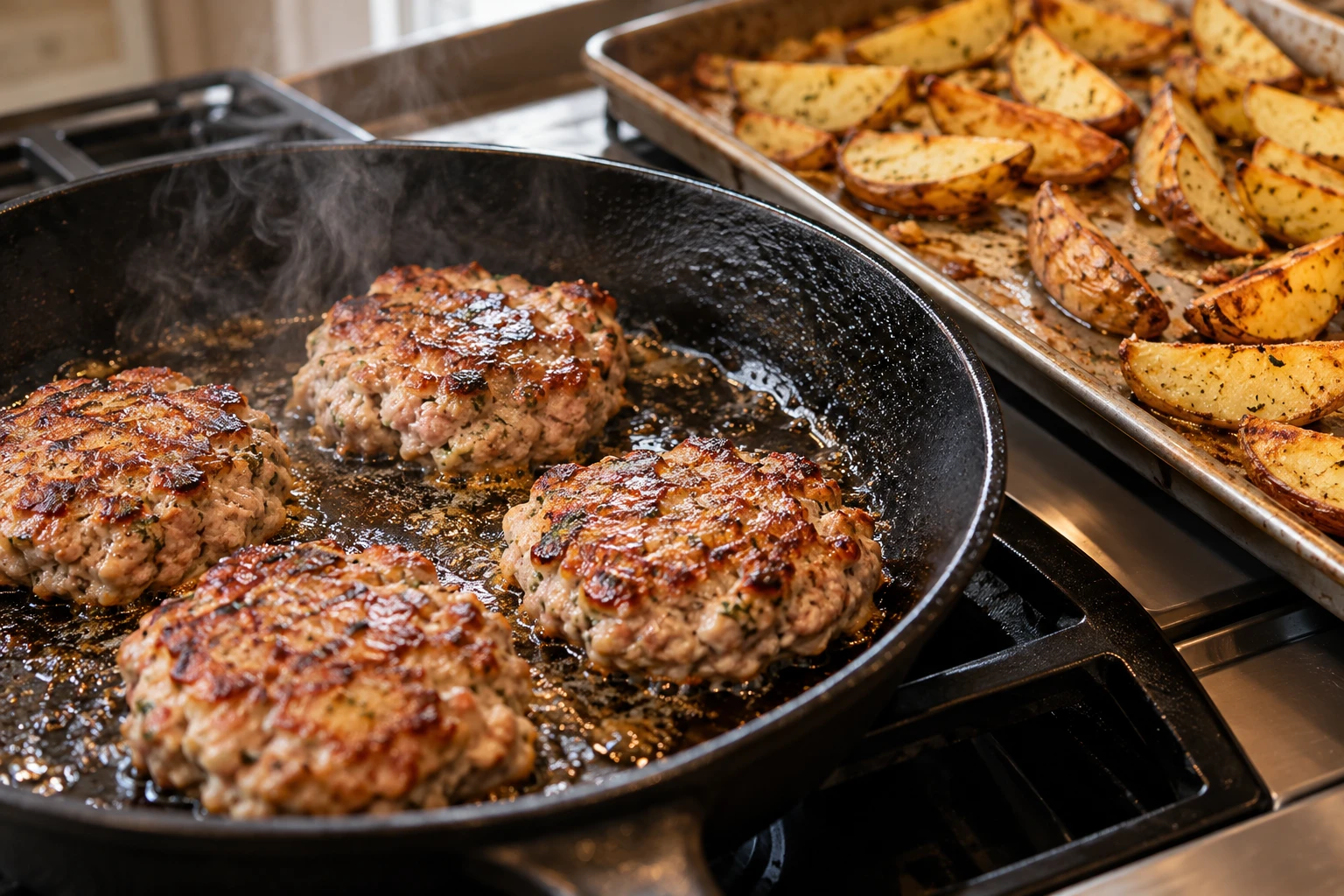 Ground-pork patties sear in a skillet as potato wedges roast on a sheet pan nearby.