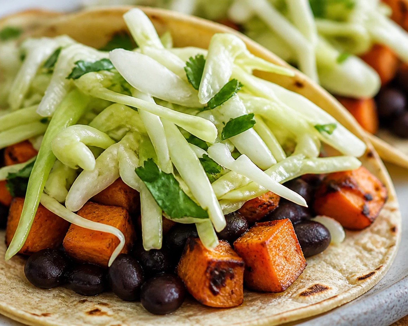 Crisp cabbage slaw and cilantro top a warm sweet potato and black bean taco.